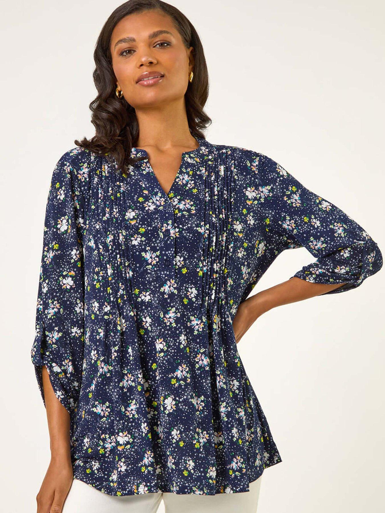  image of roman-ditsy-floral-print-stretch-shirt-navy