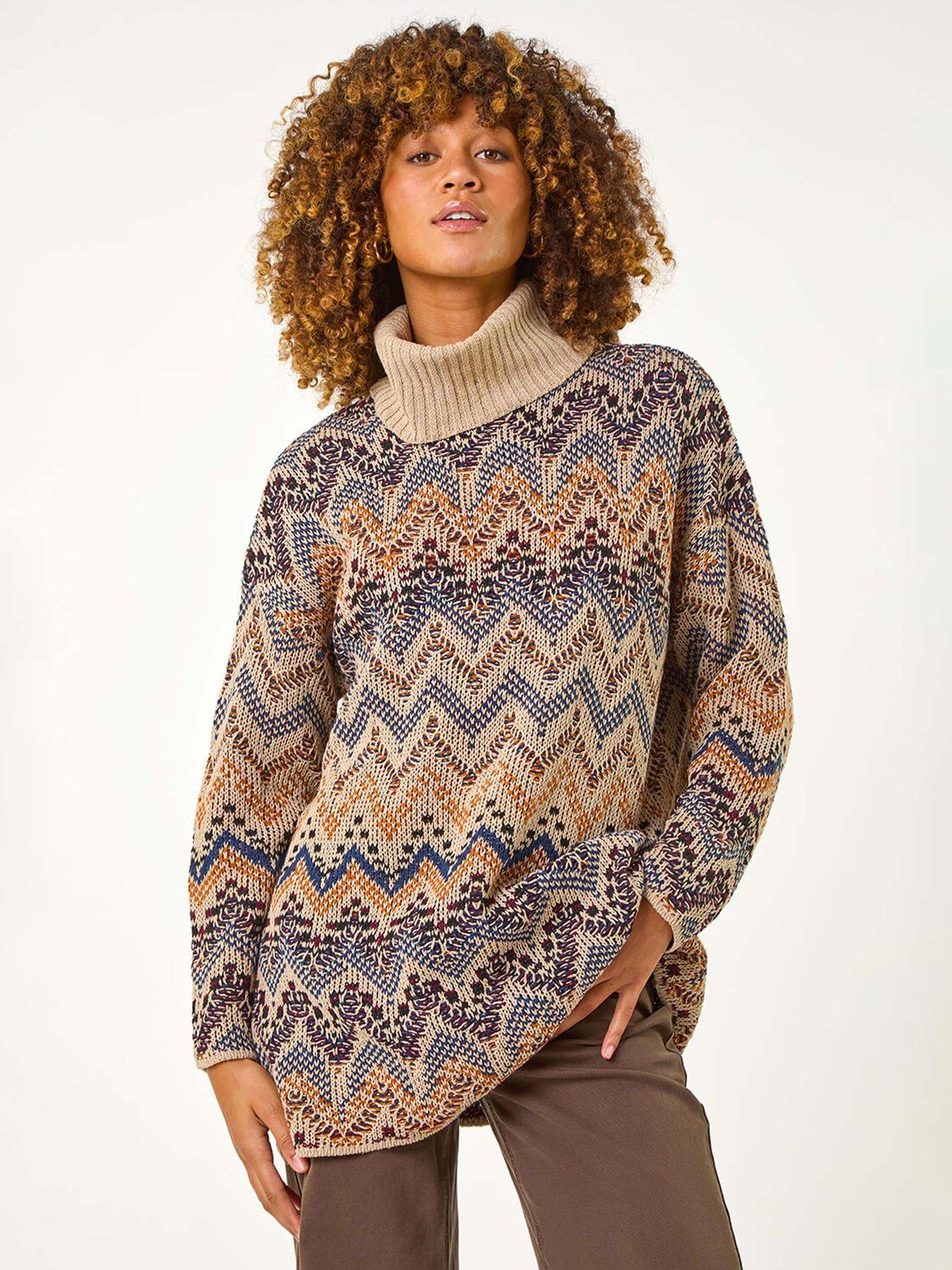 Roman Jacquard Pattern Turtle Neck Knit Jumper - Multi