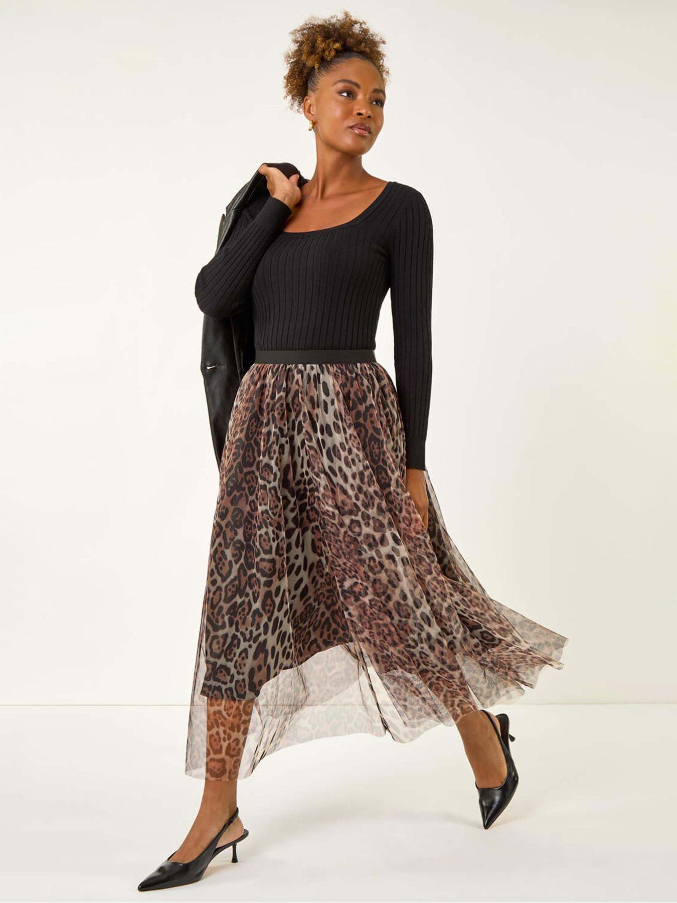 Image 3 of 5 of Roman Animal Print Mesh Layered Skirt - Chocolate