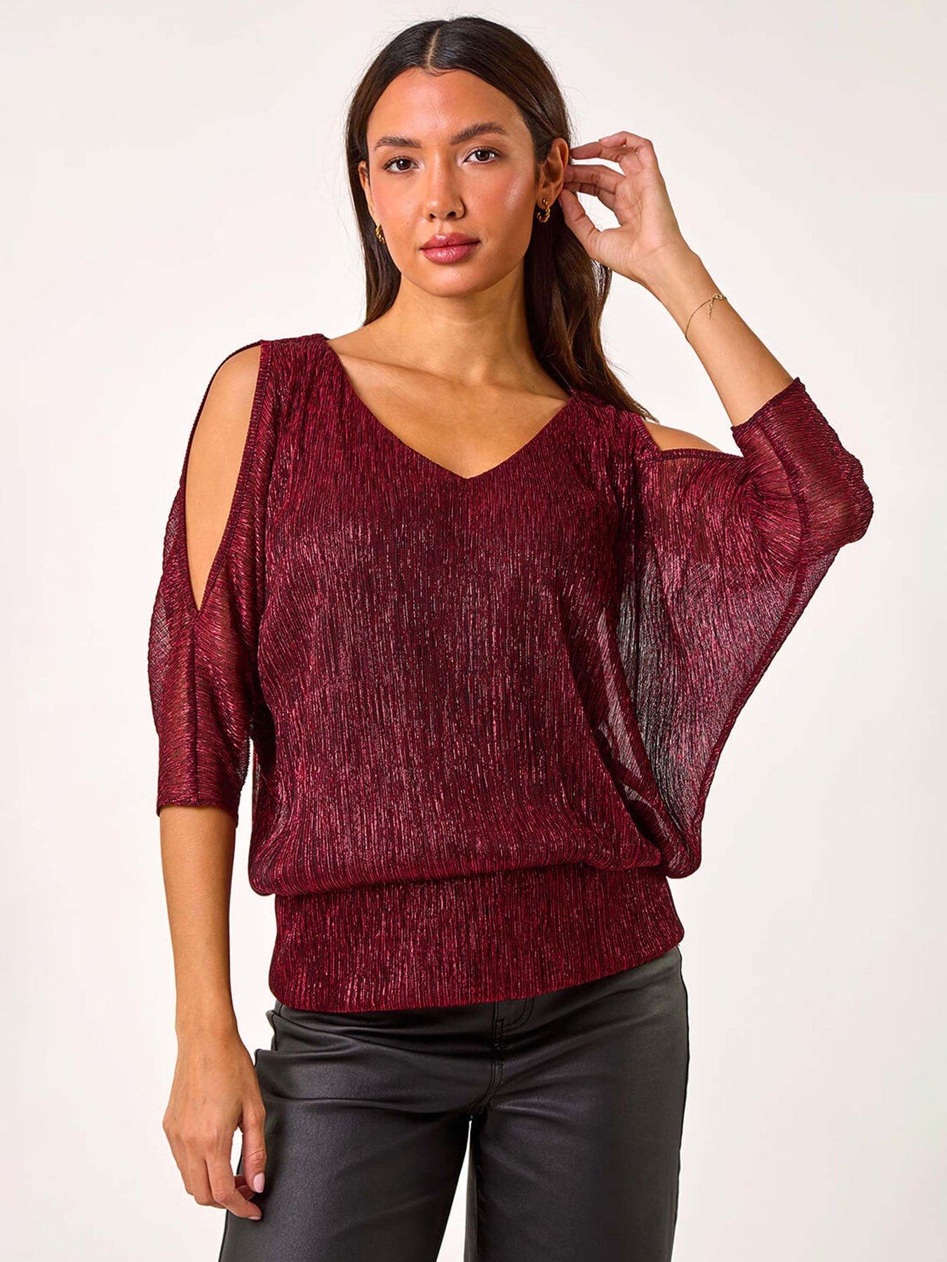 undefined Metallic Plisse Banded Hem Top - Red