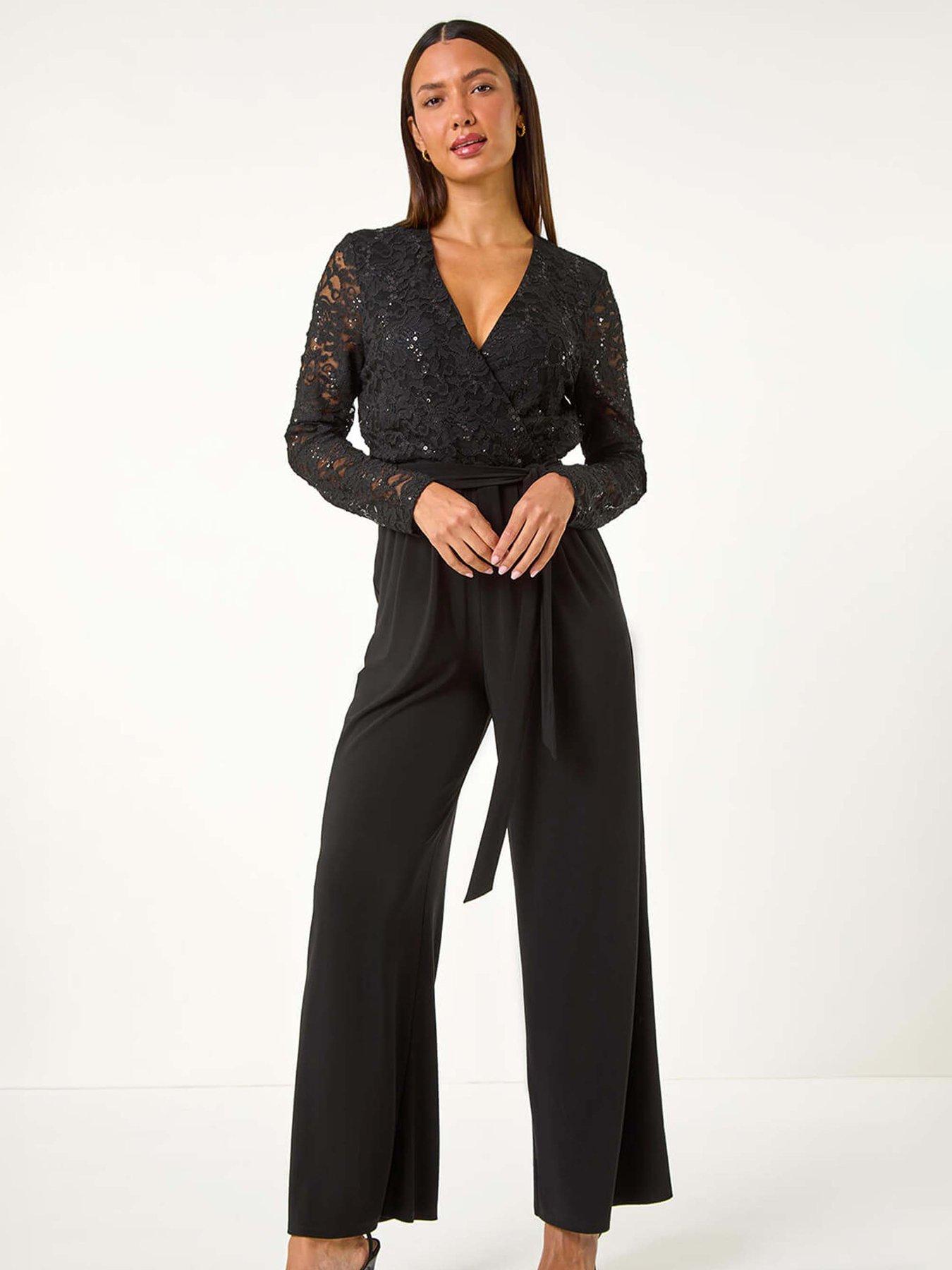 undefined Sequin Lace V-neck Stretch Jumpsuit - Black