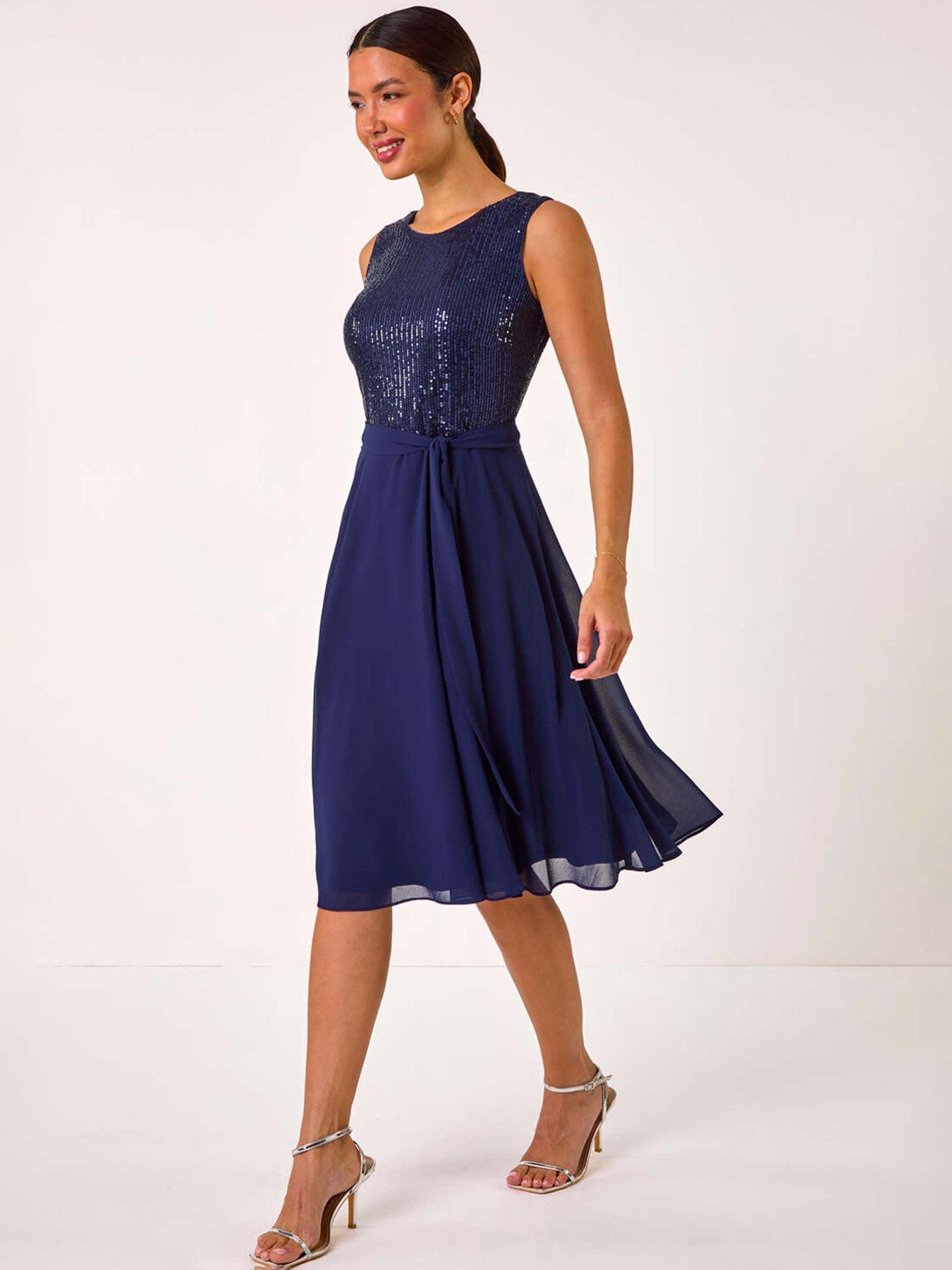 undefined Sequin Bodice Belted Chiffon Dress - Navy