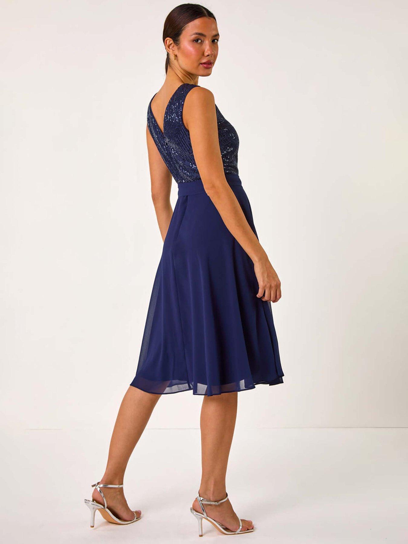  image of roman-sequin-bodice-belted-chiffon-dress-navy