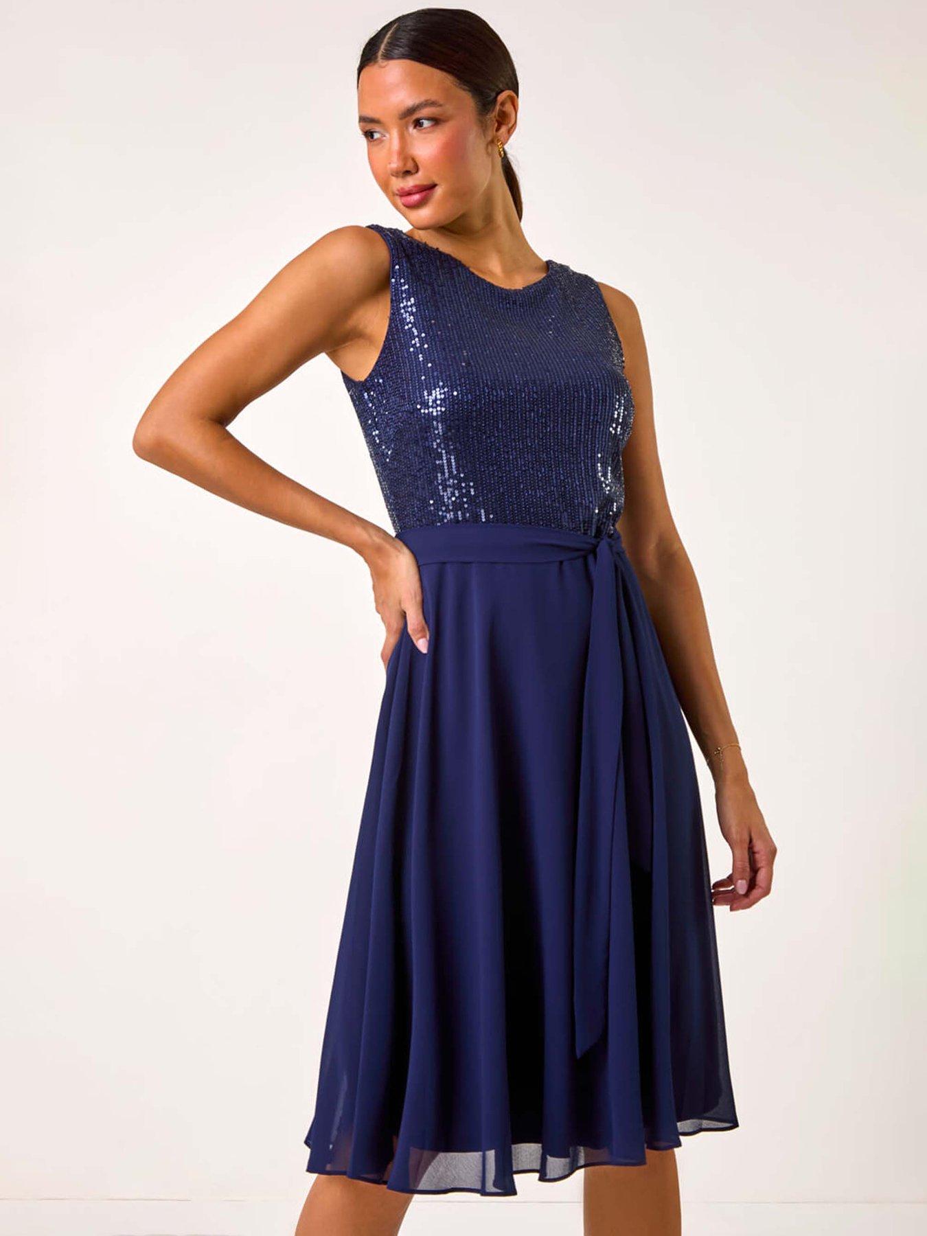 Image 3 of 5 of Roman Sequin Bodice Belted Chiffon Dress - Navy