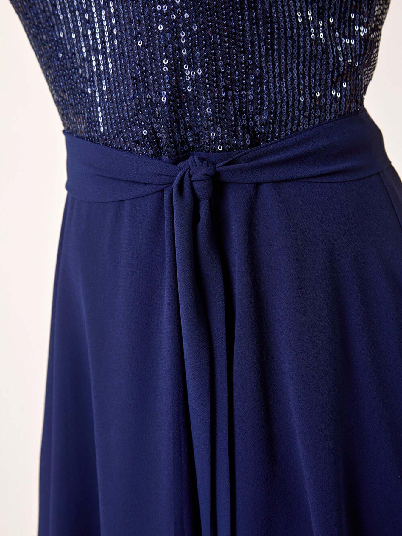 Image 5 of 5 of Roman Sequin Bodice Belted Chiffon Dress - Navy