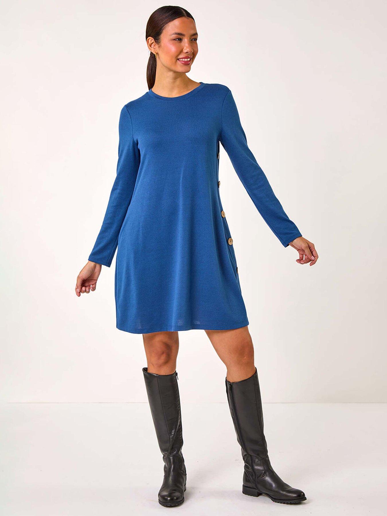 Roman Side Button Detail Stretch Swing Dress - Blue