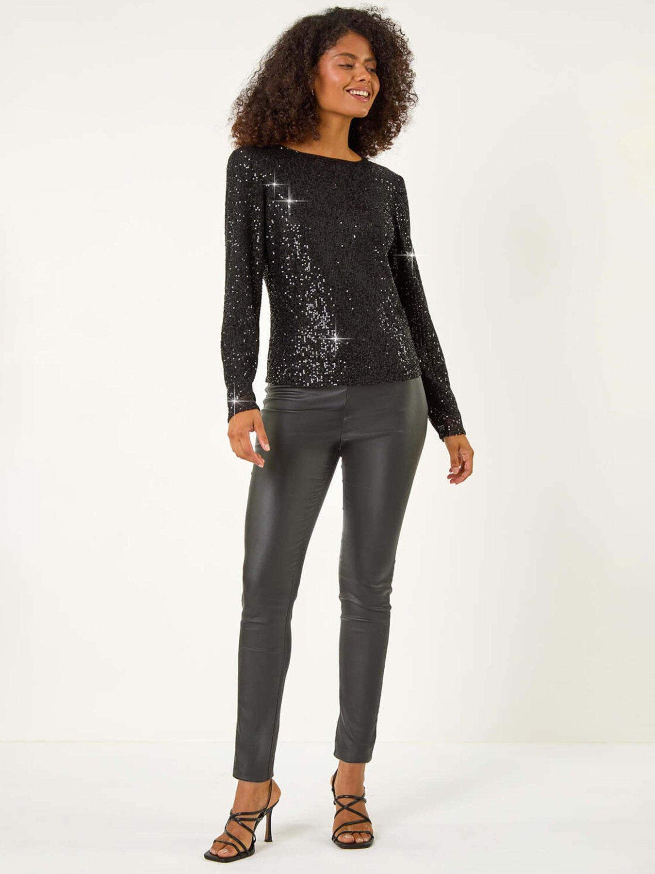 Roman Sequin Long Sleeve Stretch Top - Black