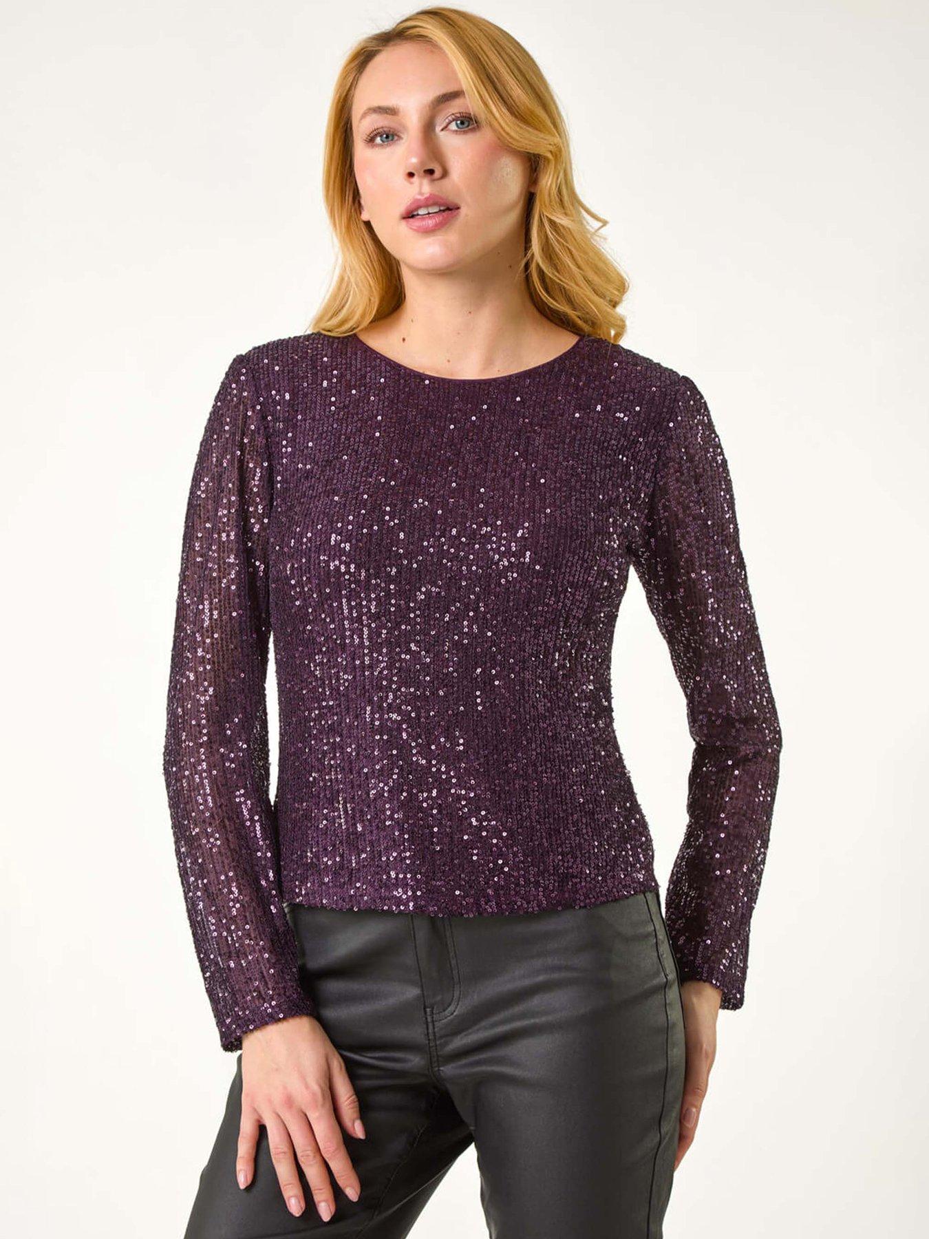 Roman Dusk Sequin Long Sleeve Stretch Top - Purple