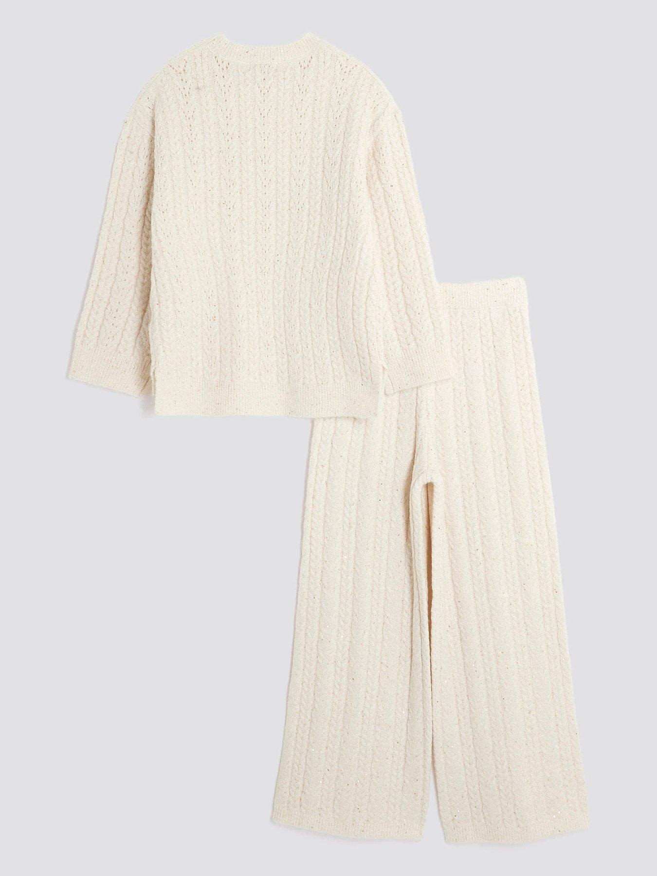 Image 2 of 5 of River Island Older Girls Cable Wide Leg Pant Set - Cream