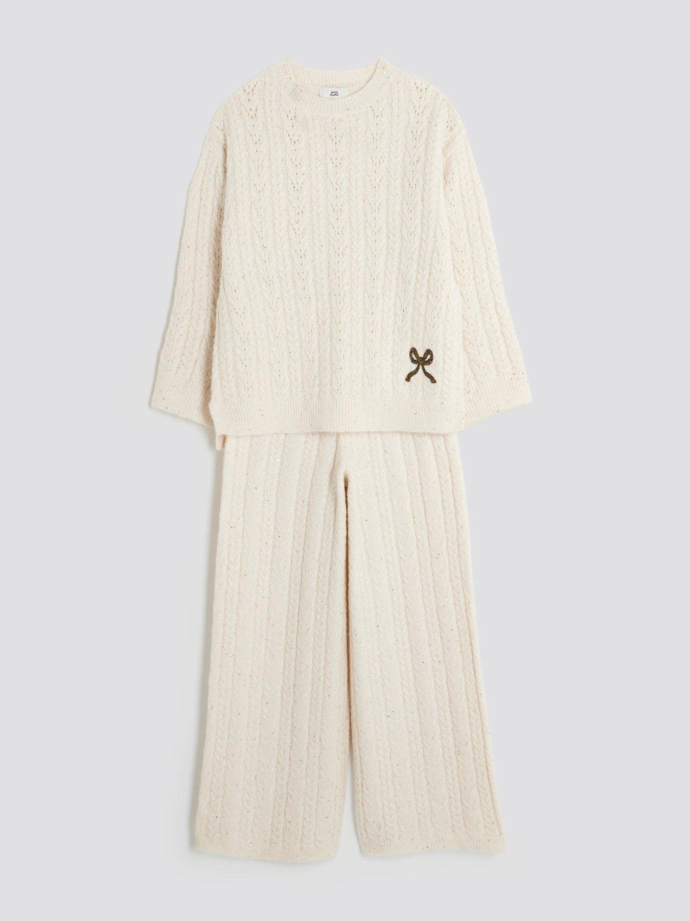 Image 3 of 5 of River Island Older Girls Cable Wide Leg Pant Set - Cream