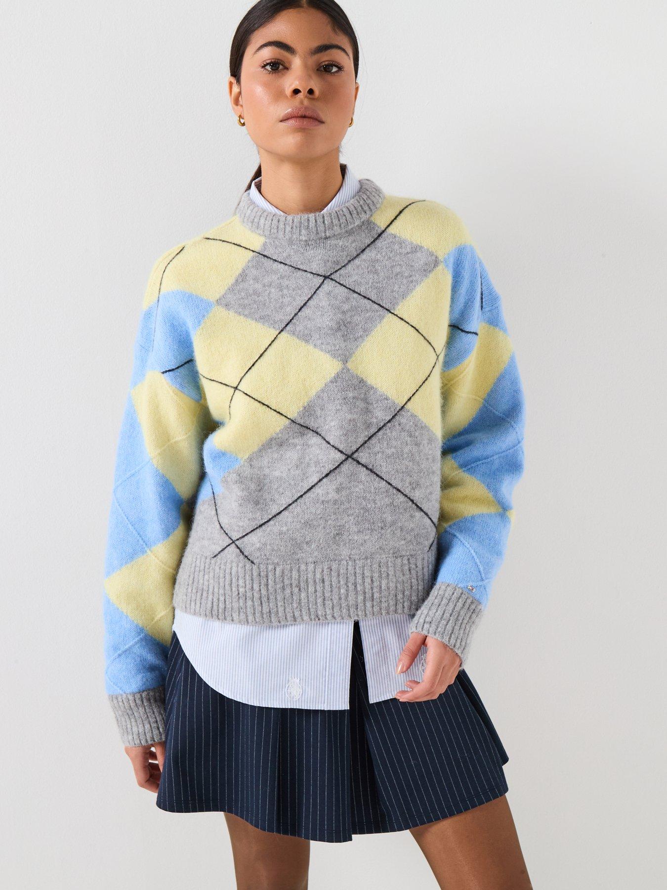 Image 1 of 6 of Tommy Hilfiger Alpaca Blend Argyle Crew Sweater - Light Grey