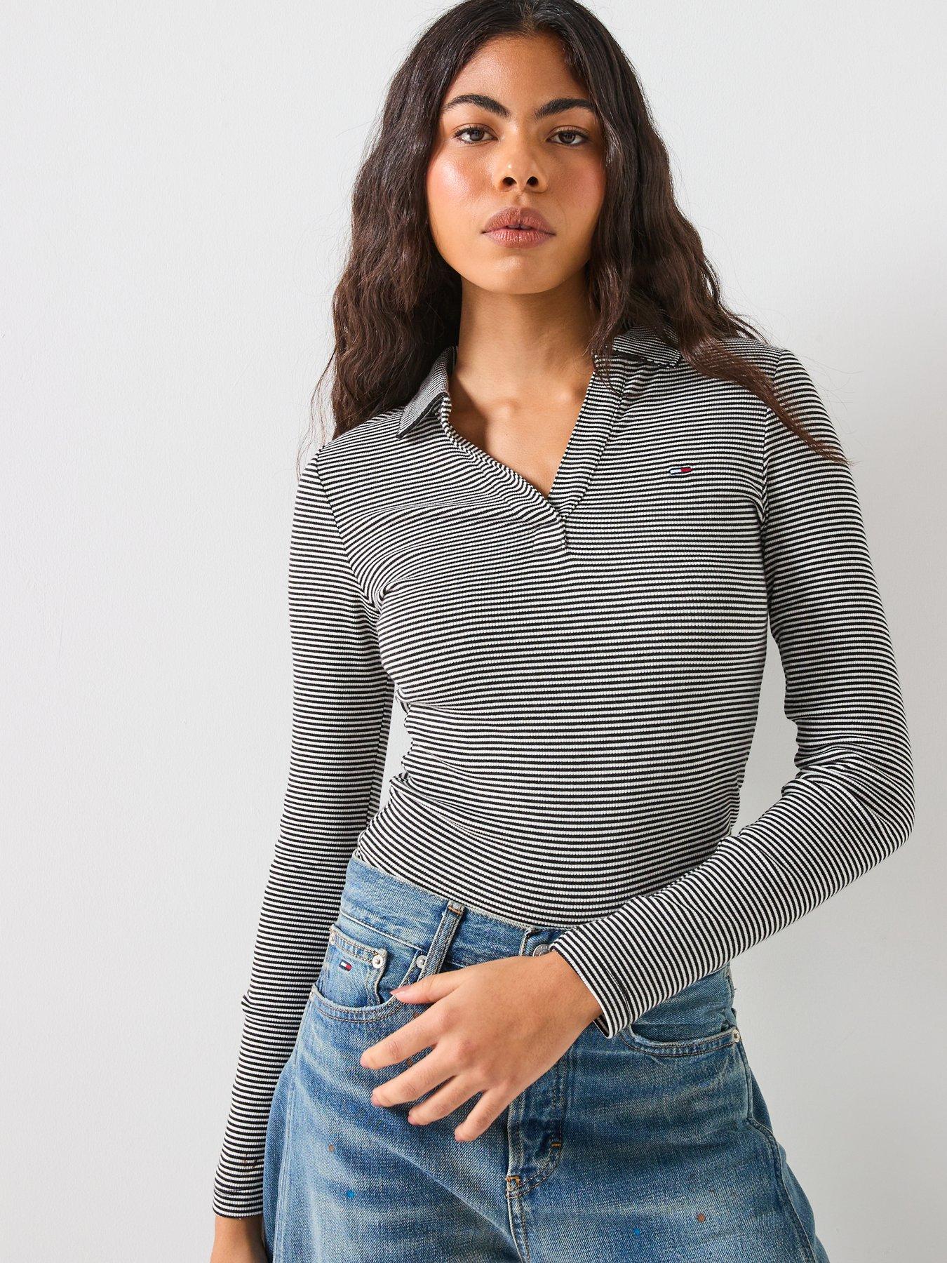 Tommy Jeans Slim Essential Ribbed Long Sleeve Polo - Black/ White Stripe