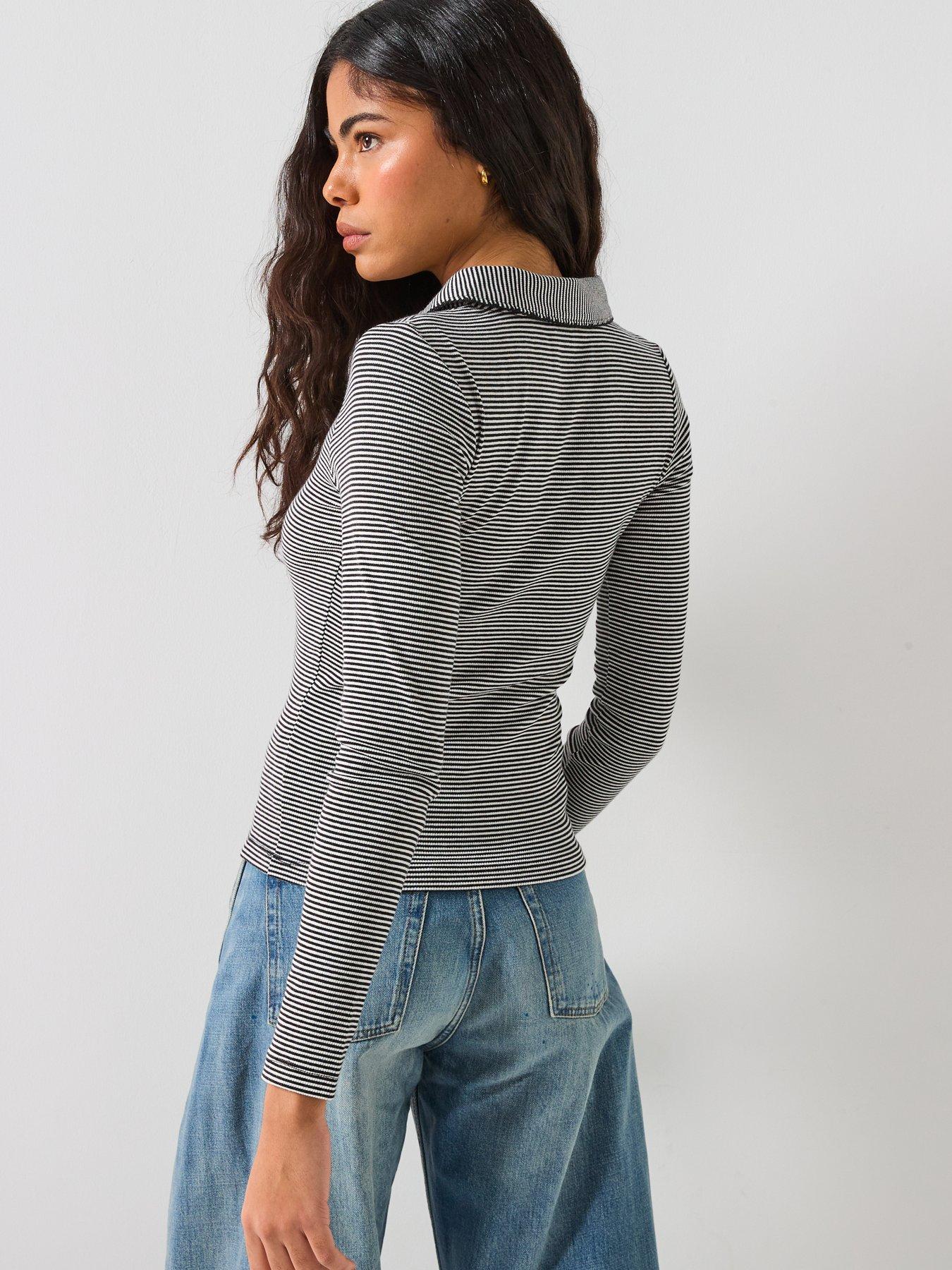 stillFront image of tommy-jeans-slim-essential-ribbed-long-sleeve-polo-blackwhite-stripe