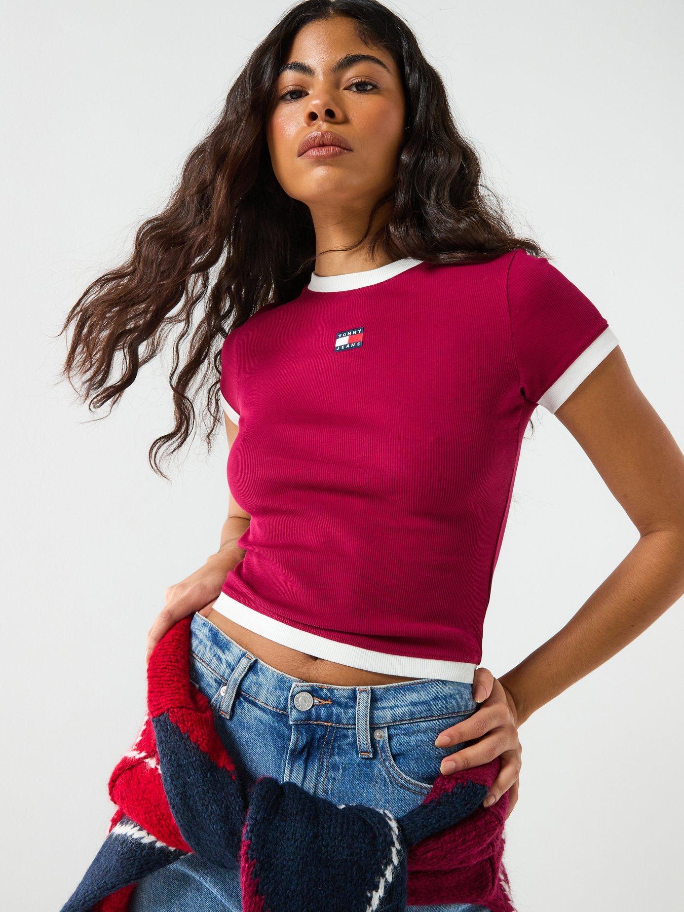 Tommy Jeans Slim Logo Ribbed T-Shirt - Lavish Cerise