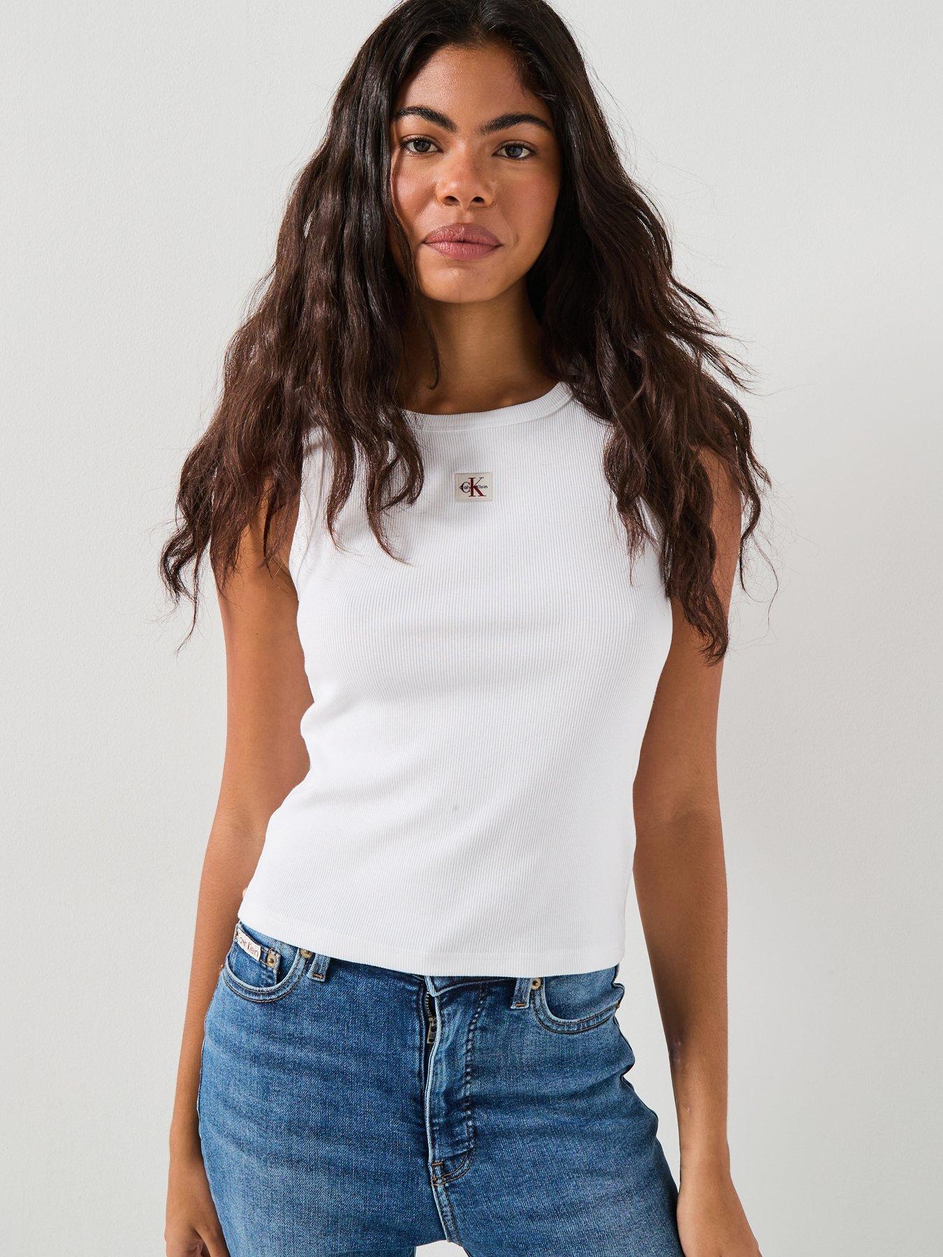 Image 1 of 6 of Calvin Klein Jeans Jeans Monologo Label Ribbed Tank Top - White