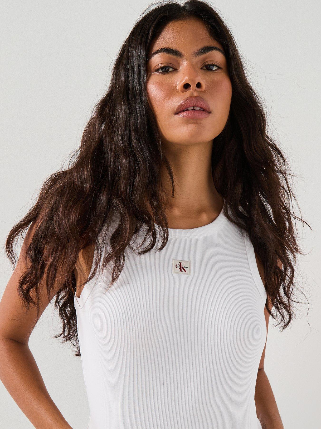 Image 4 of 6 of Calvin Klein Jeans Jeans Monologo Label Ribbed Tank Top - White