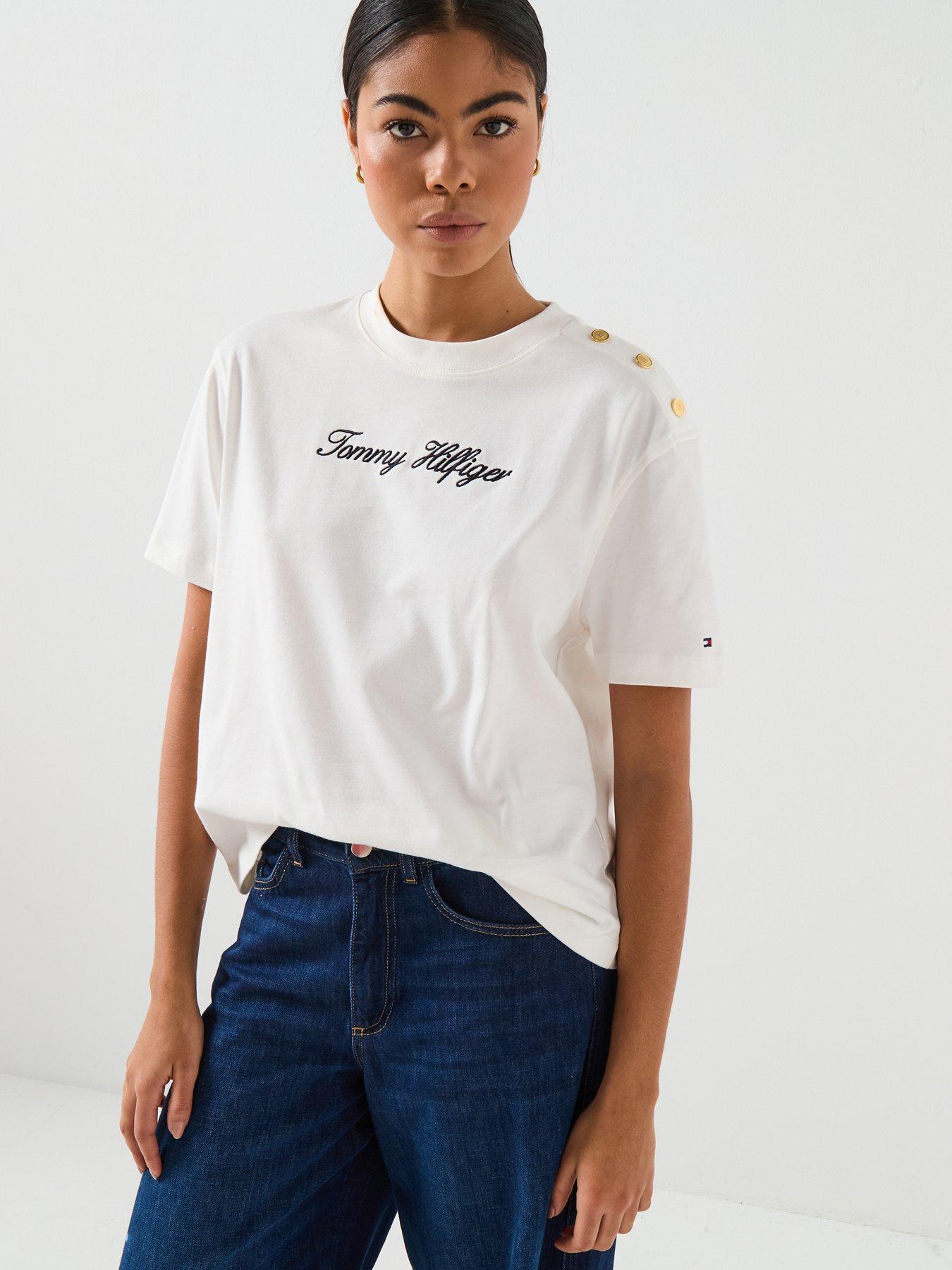  image of tommy-hilfiger-gold-button-detailed-top-white