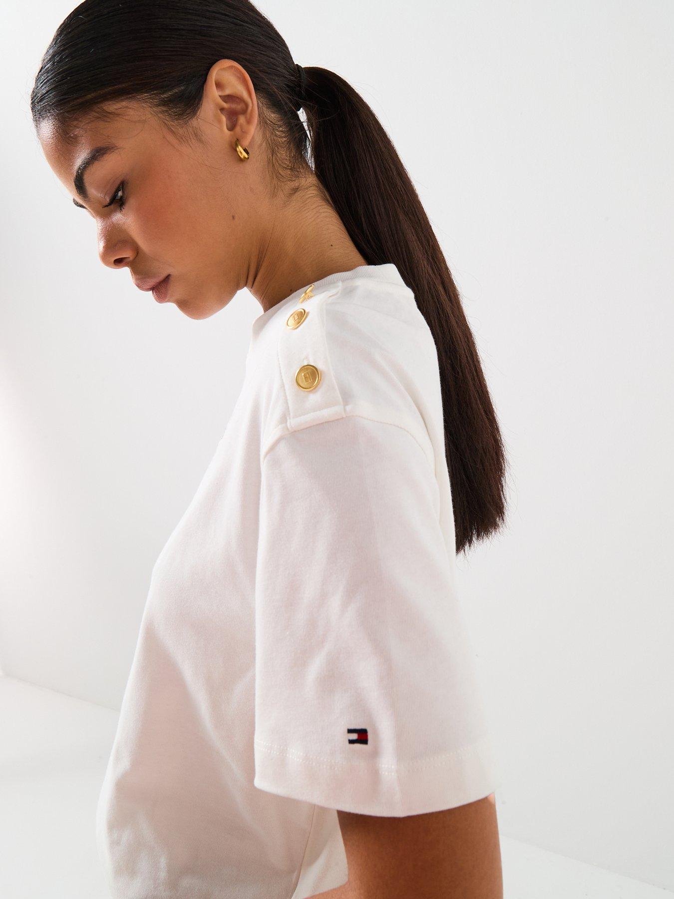  image of tommy-hilfiger-gold-button-detailed-top-white