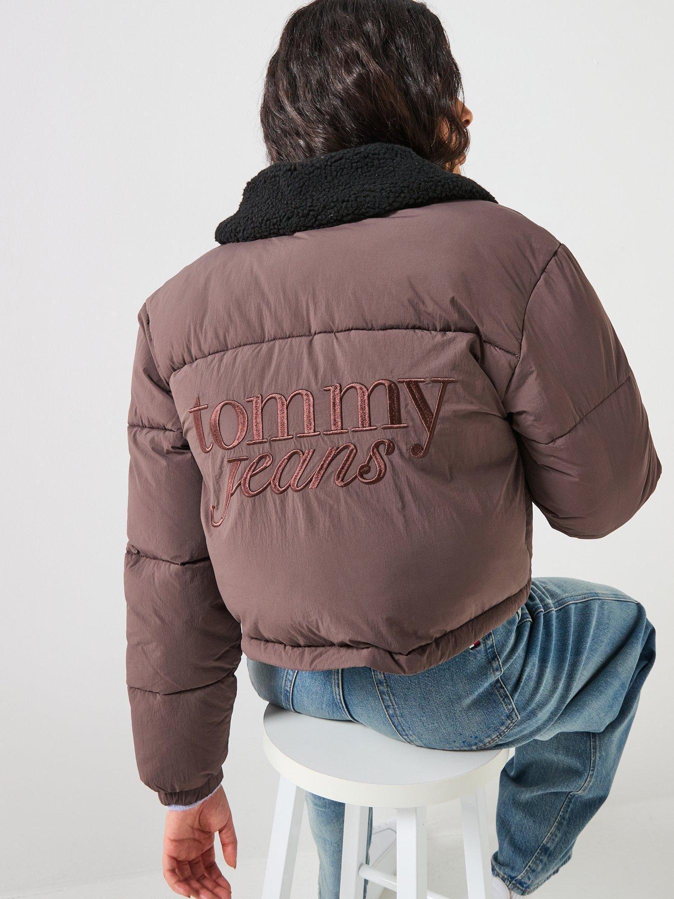 front image of tommy-jeans-teddy-collared-puffer-jacket-walnutblack