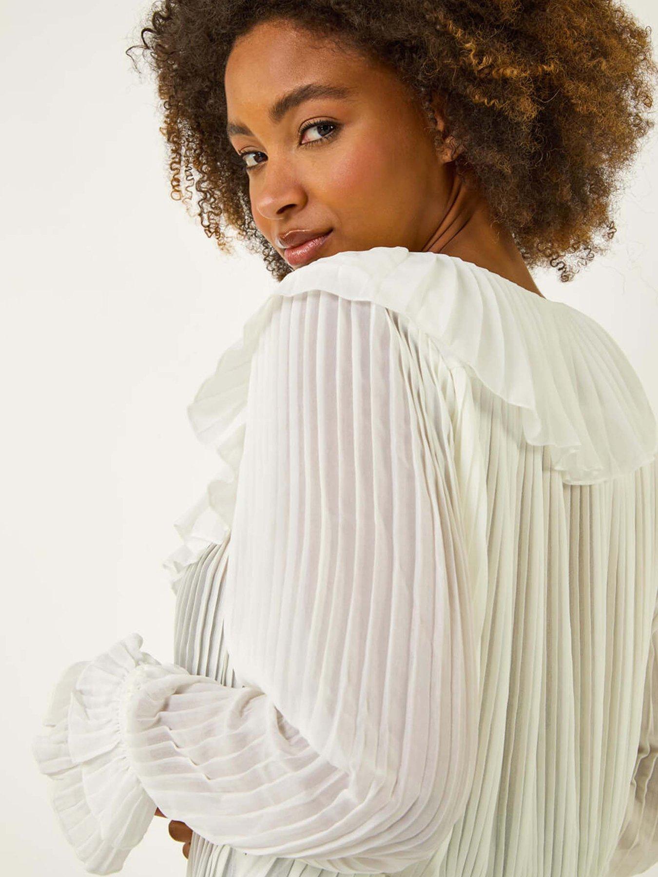 Image 5 of 5 of Roman Frill Pleated Peplum Blouse - Ivory