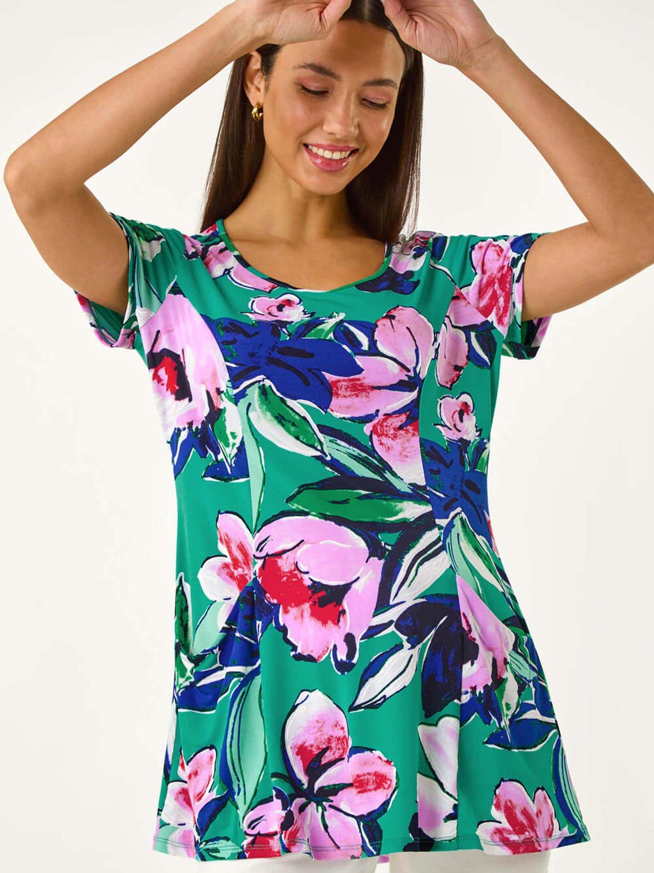 Image 1 of 5 of Roman Textured Floral Tunic Top - Turquoise