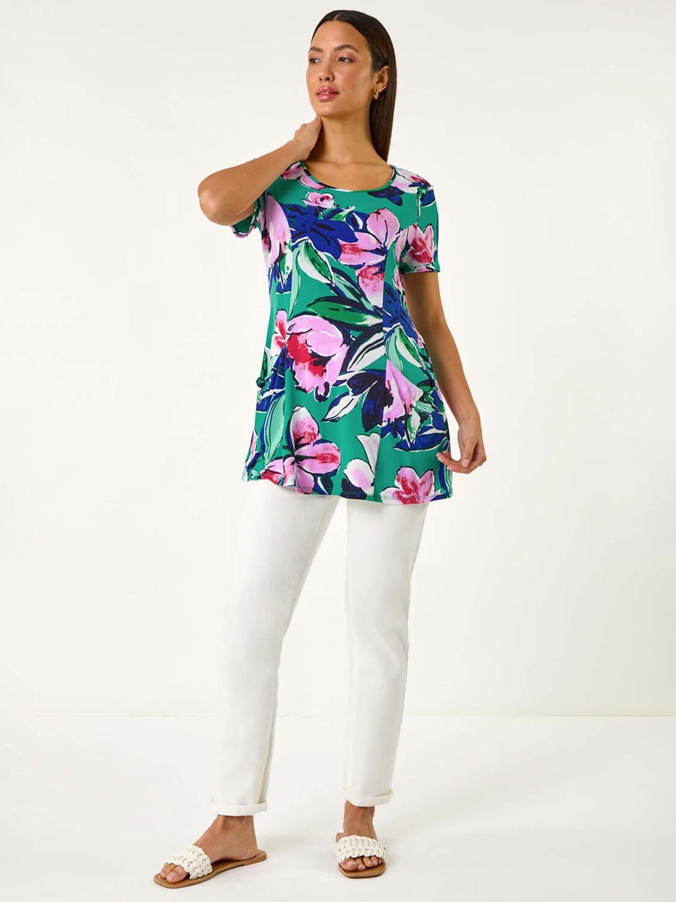 Image 3 of 5 of Roman Textured Floral Tunic Top - Turquoise