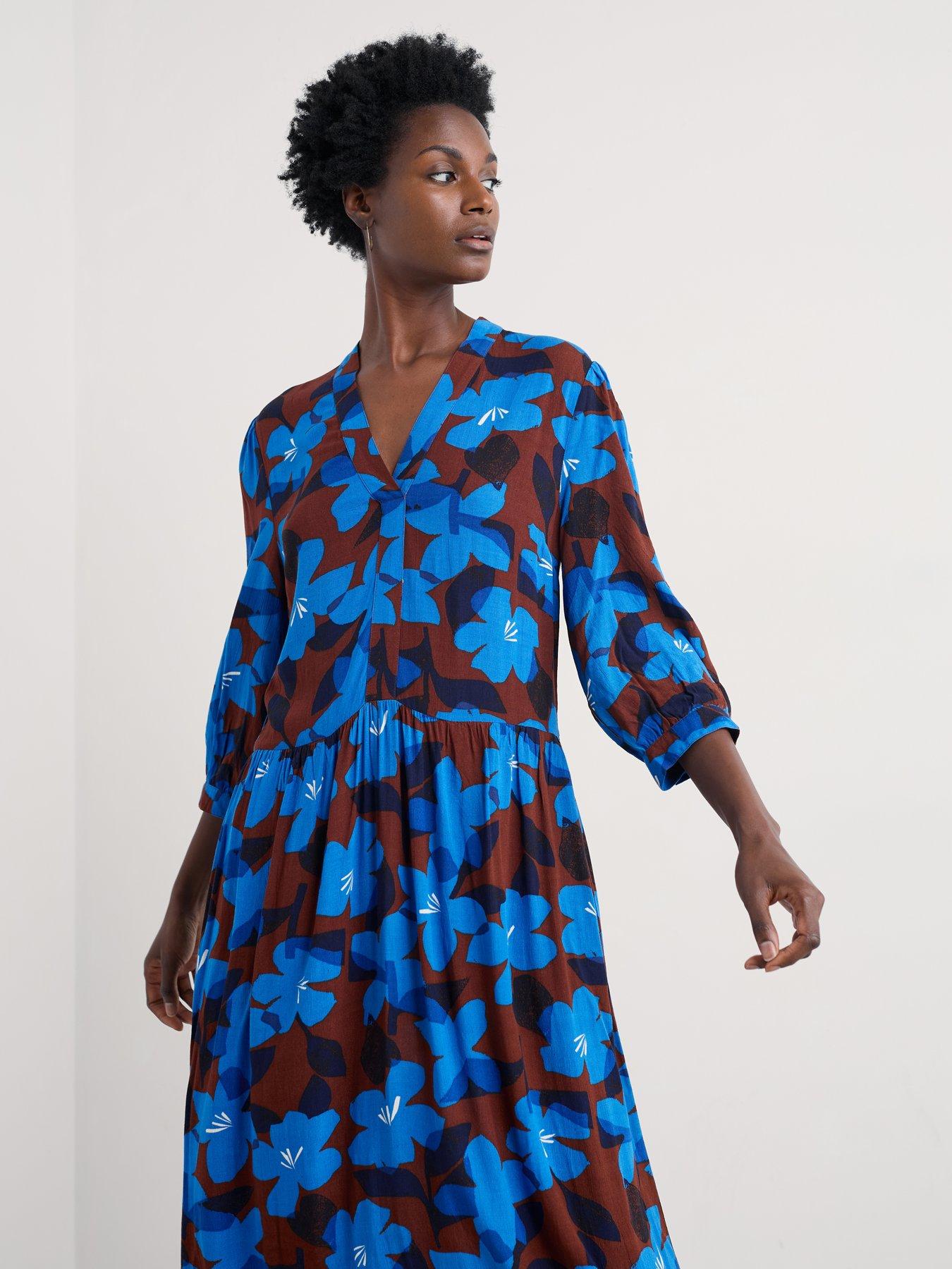 Seasalt Cornwall Harbour Cove Dress  - Macro Flower Cocoa Blue