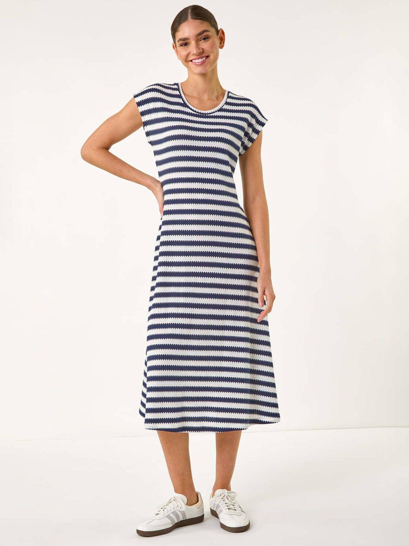 undefined Stripe Crochet Midi Dress - Navy