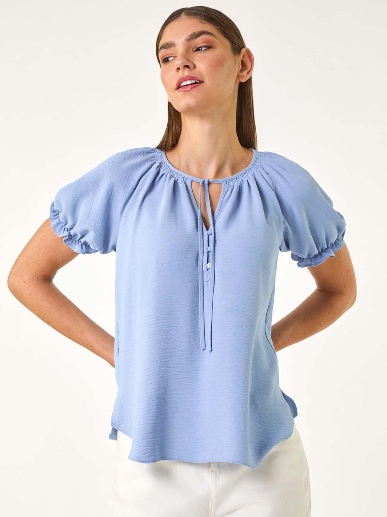 undefined Shirred Tie Front Neck Top - Blue