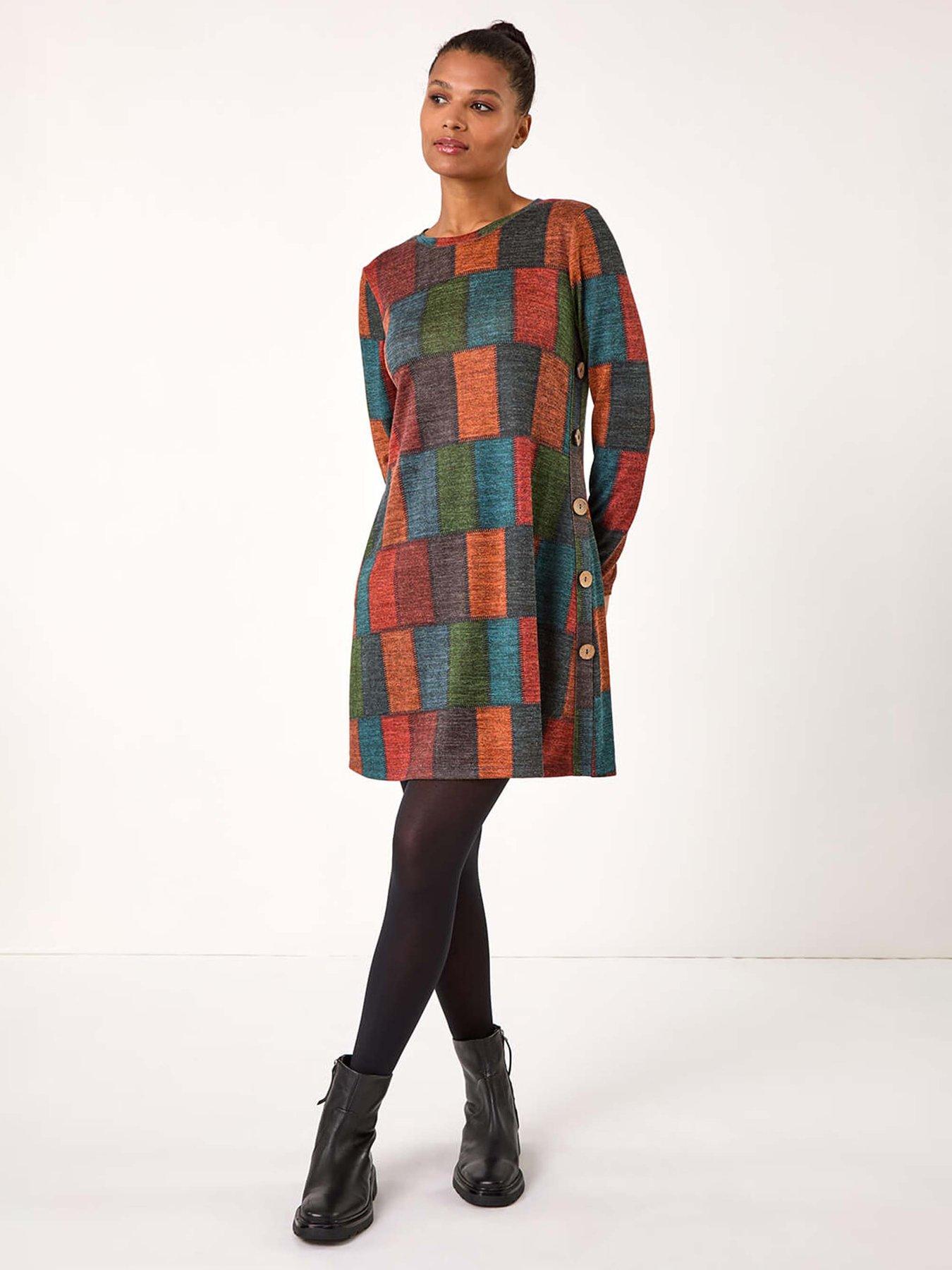 undefined Patchwork Pattern Button Detail Dress - Red