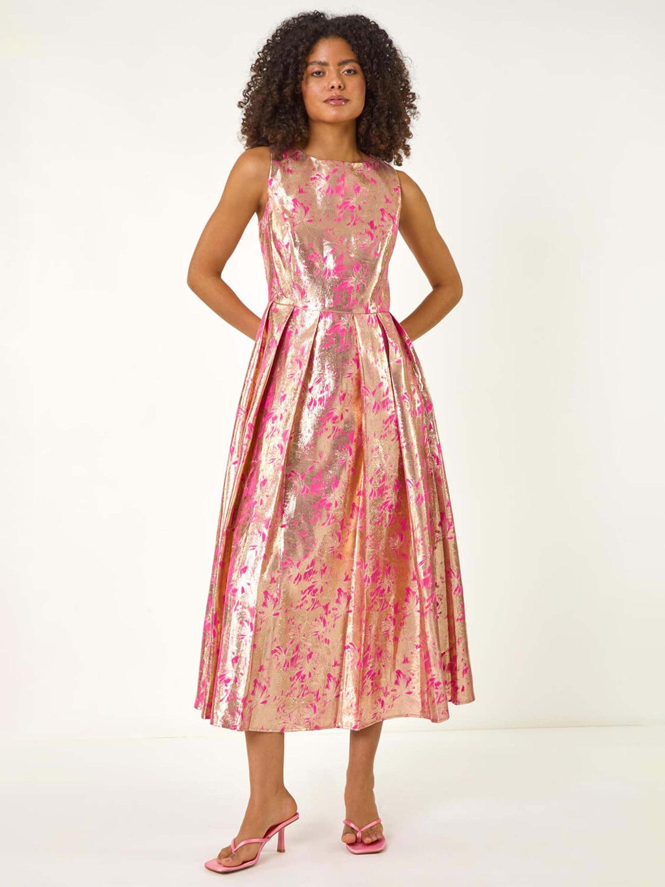 undefined Dusk Metallic Jacquard Midi Dress - Pink
