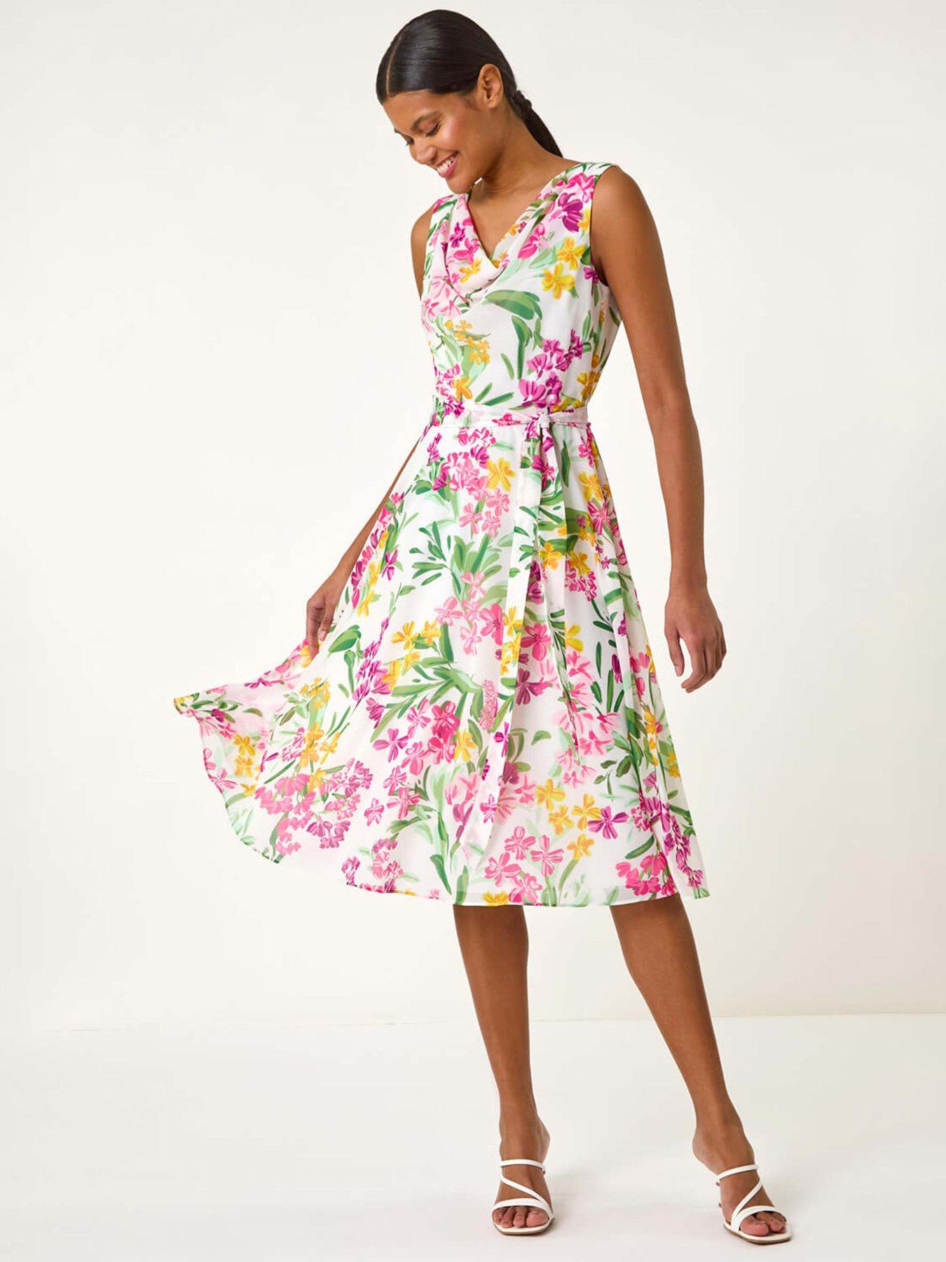 Image 1 of 5 of Roman Floral Print Cowl Neck Dress - White