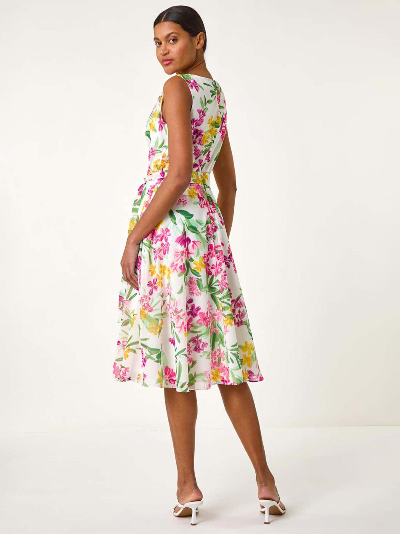 Image 2 of 5 of Roman Floral Print Cowl Neck Dress - White