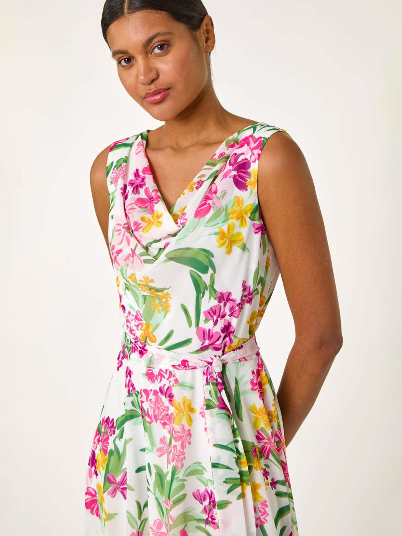Image 4 of 5 of Roman Floral Print Cowl Neck Dress - White