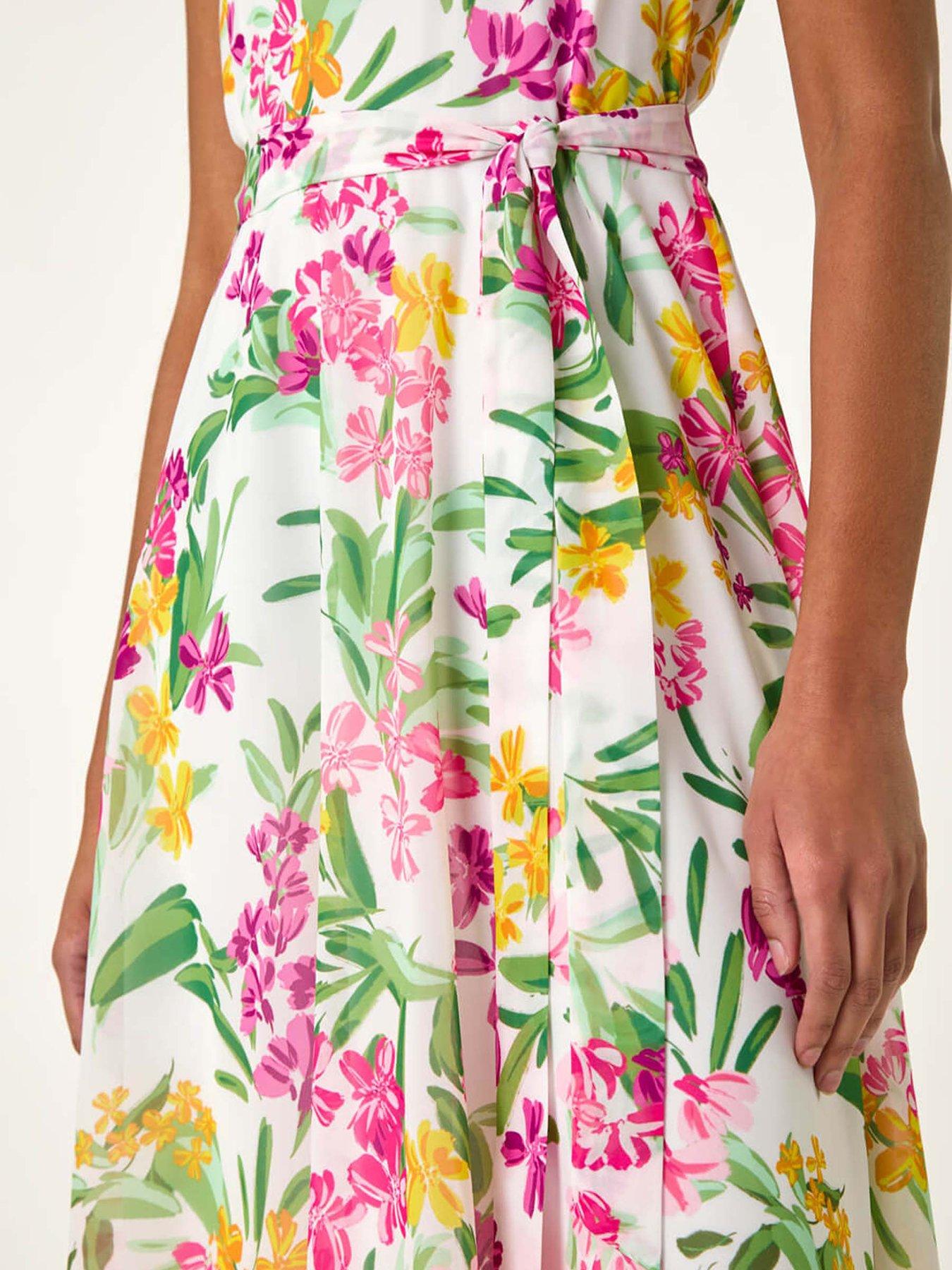 Image 5 of 5 of Roman Floral Print Cowl Neck Dress - White