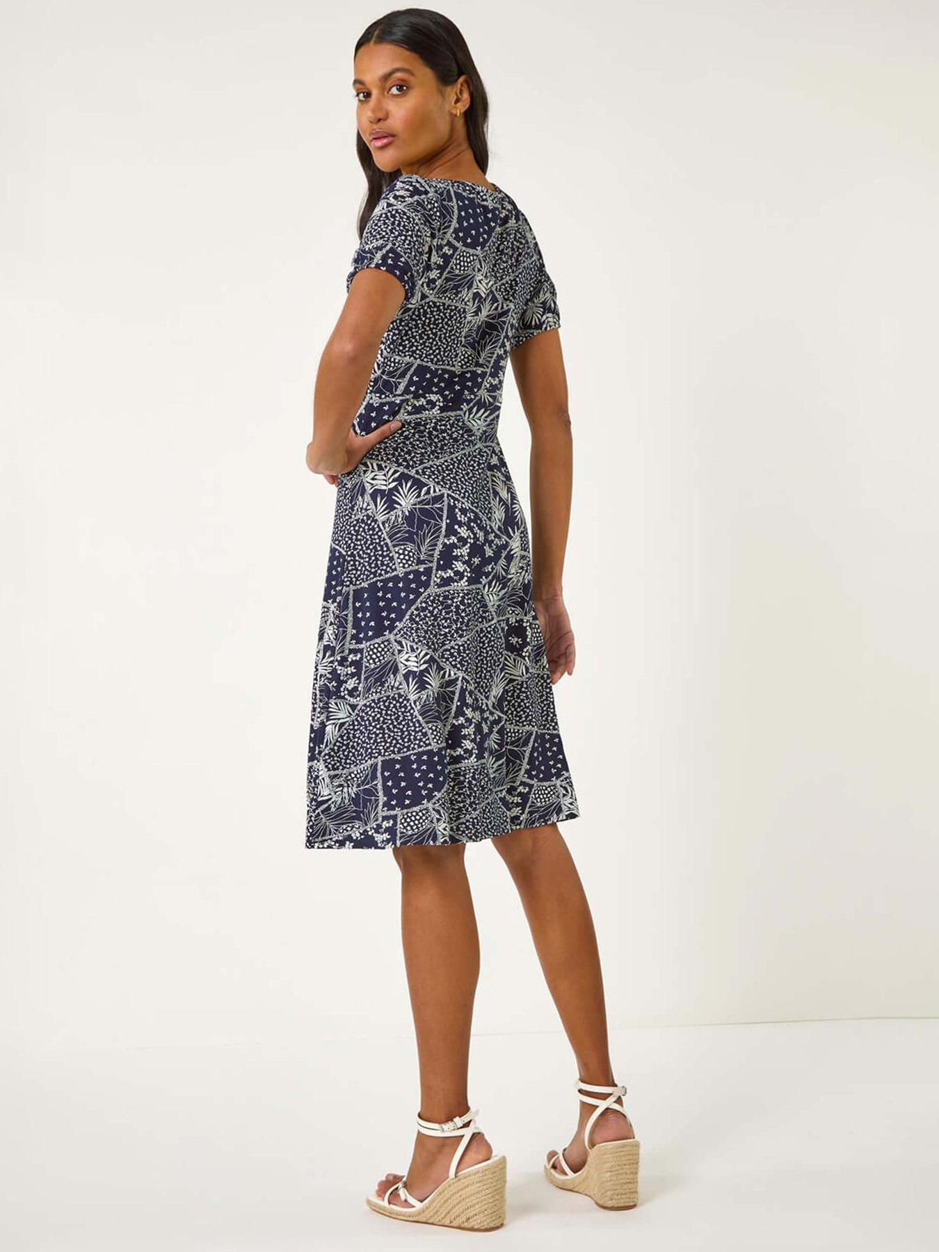  image of roman-patch-print-gathered-stretch-dress-navy
