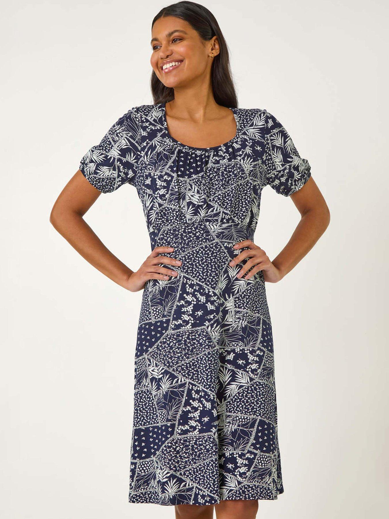  image of roman-patch-print-gathered-stretch-dress-navy