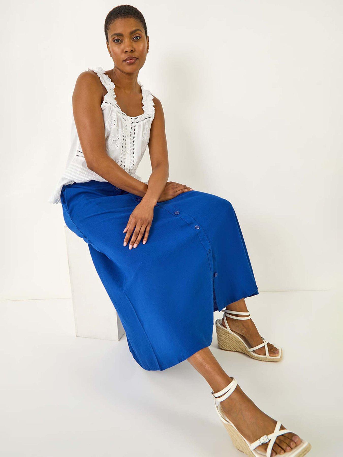 Image 3 of 5 of Roman Linen Button Pencil Midi Skirt - Navy