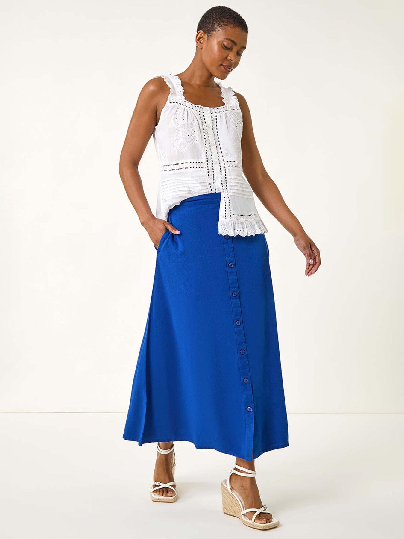 Image 4 of 5 of Roman Linen Button Pencil Midi Skirt - Navy