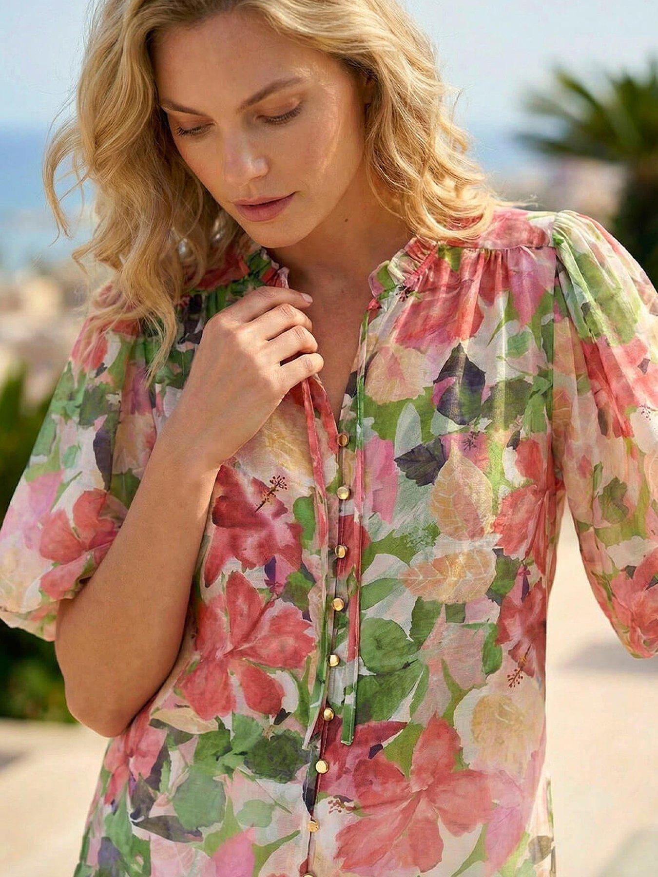 Image 1 of 5 of Roman Floral Gathered Blouse - Pink
