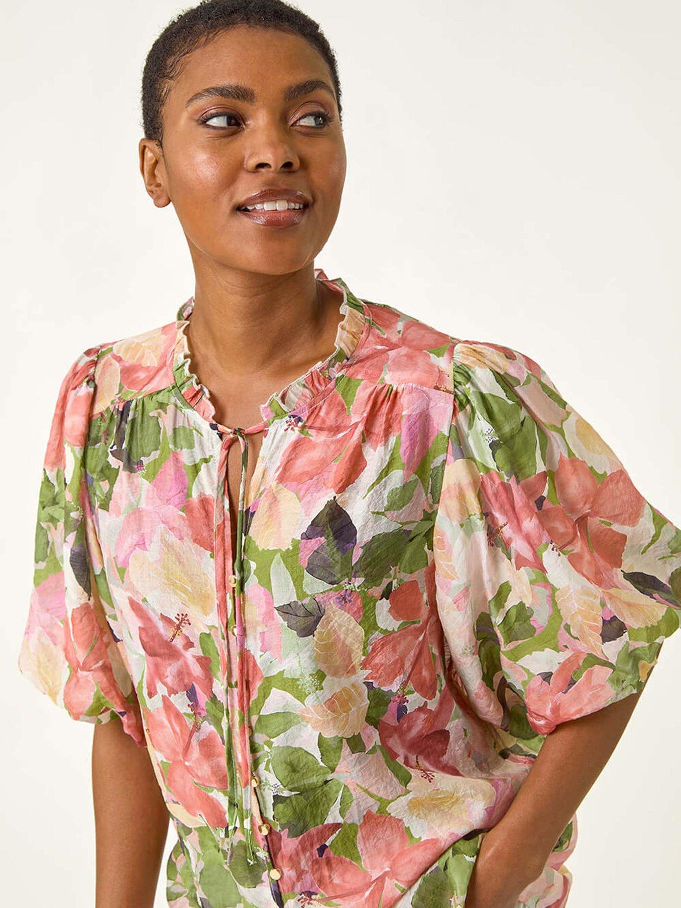Image 4 of 5 of Roman Floral Gathered Blouse - Pink