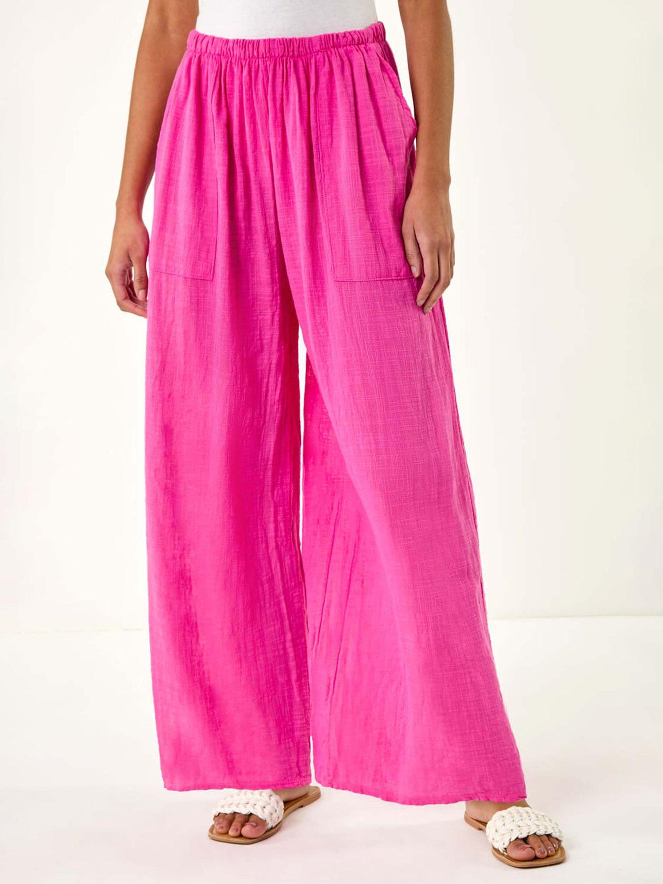 Roman Cotton Elasticated Waist Wide Leg Trouser - Fuchsia
