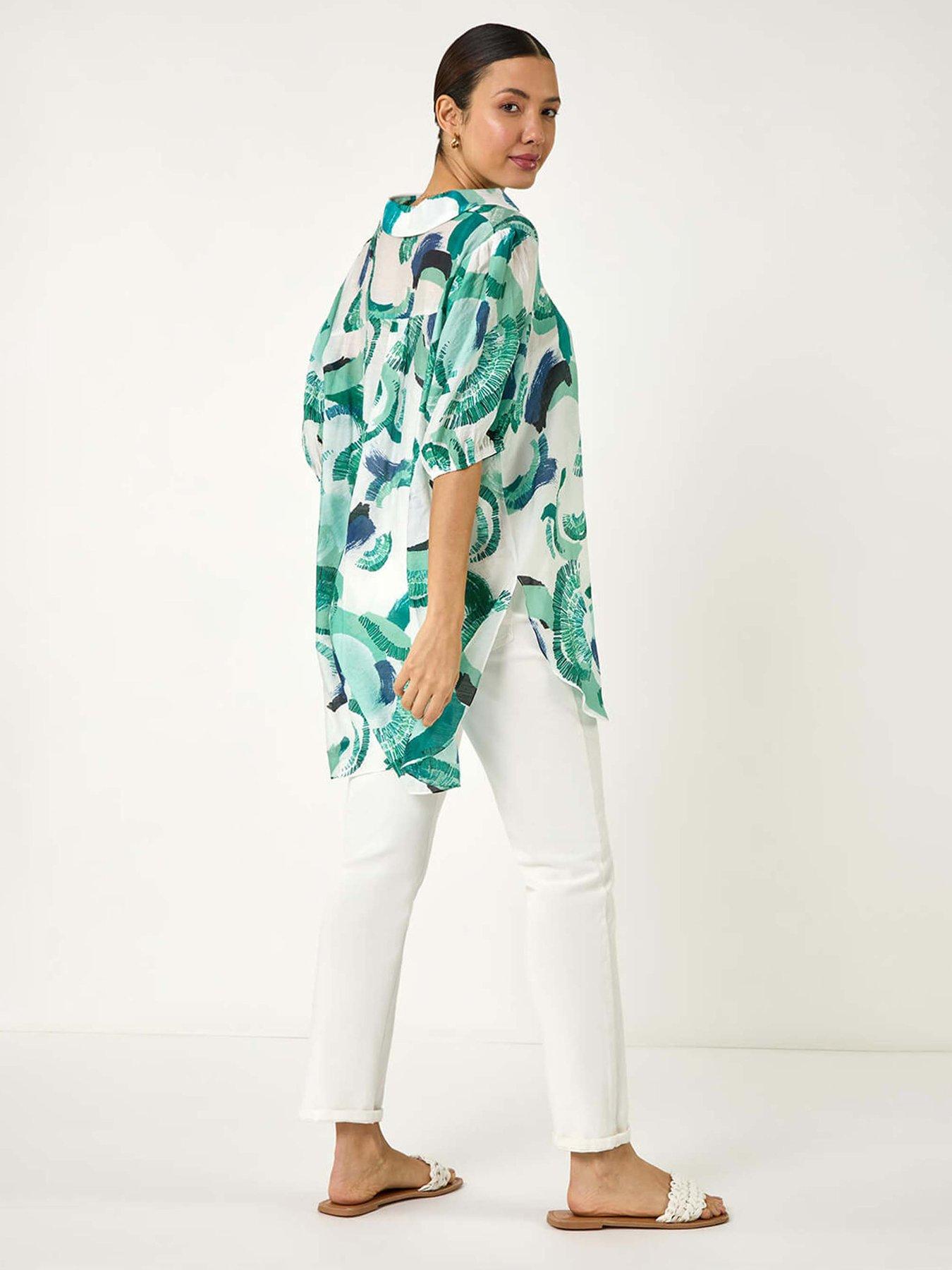 Image 2 of 5 of Roman Abstract Print Longline Overshirt - Green
