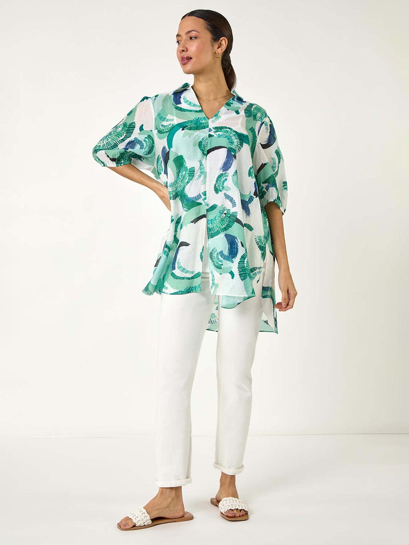 Image 3 of 5 of Roman Abstract Print Longline Overshirt - Green