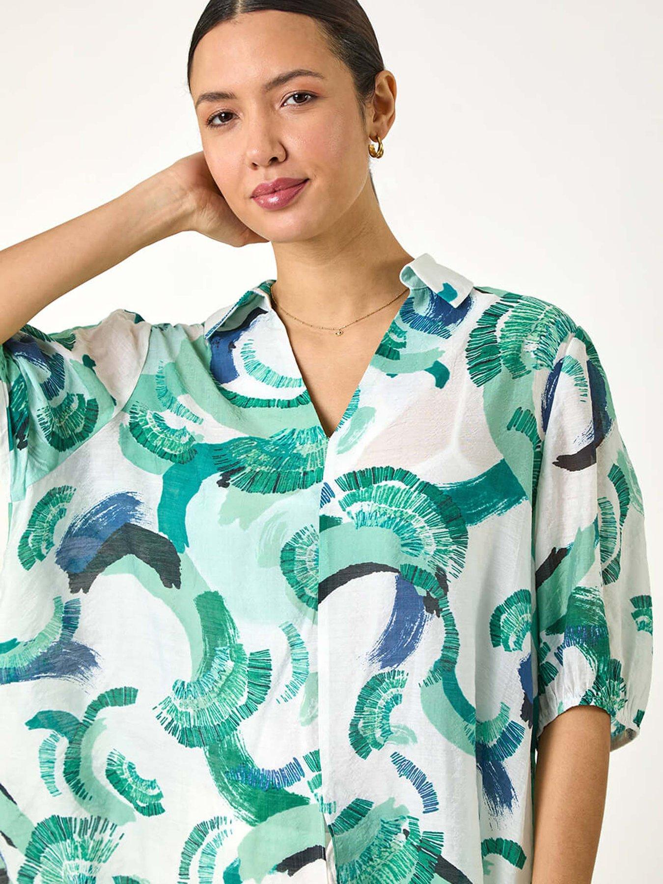 Image 4 of 5 of Roman Abstract Print Longline Overshirt - Green