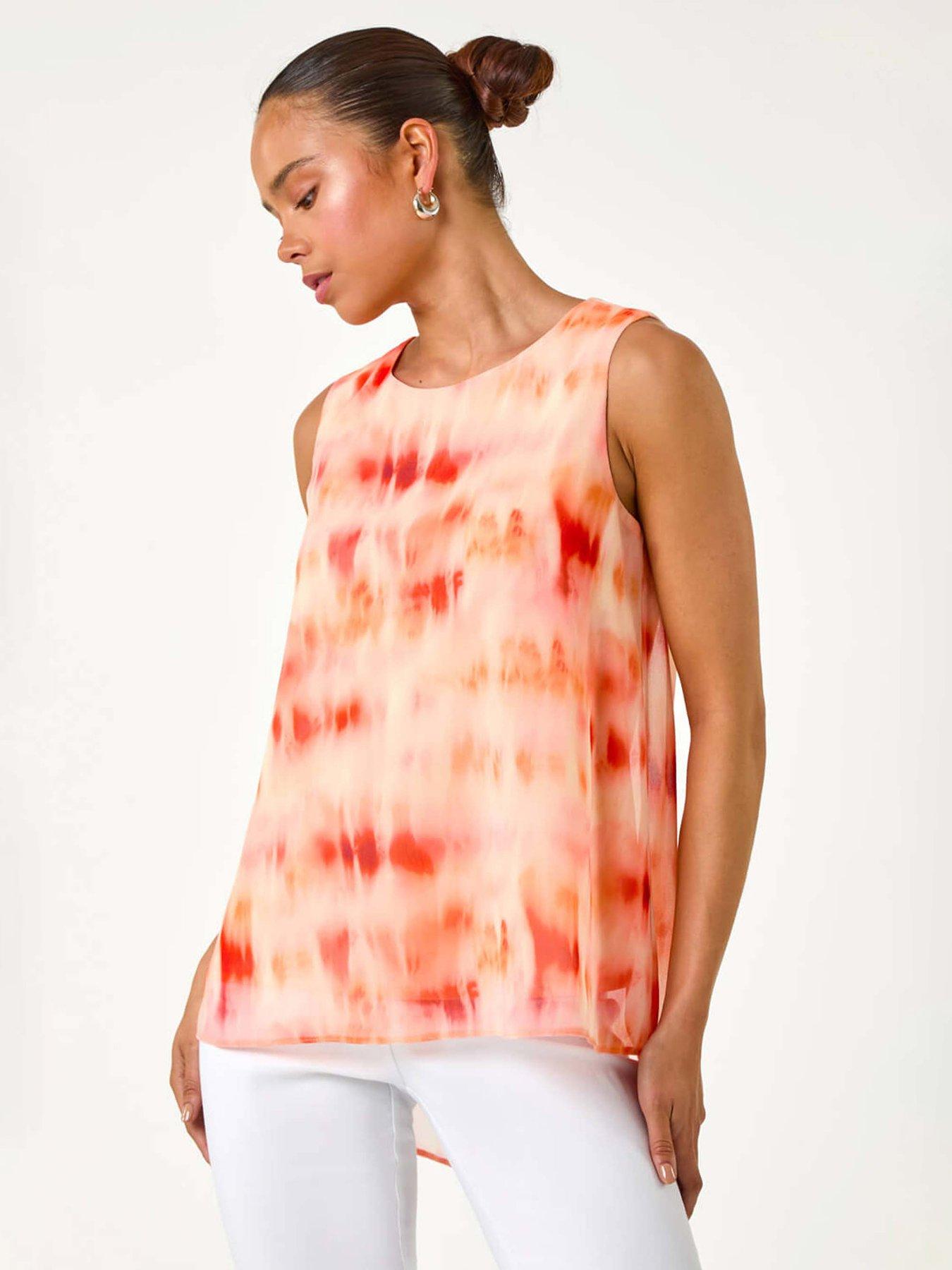Image 1 of 5 of Roman Petite Sleeveless Tie Dye Print Top - Coral