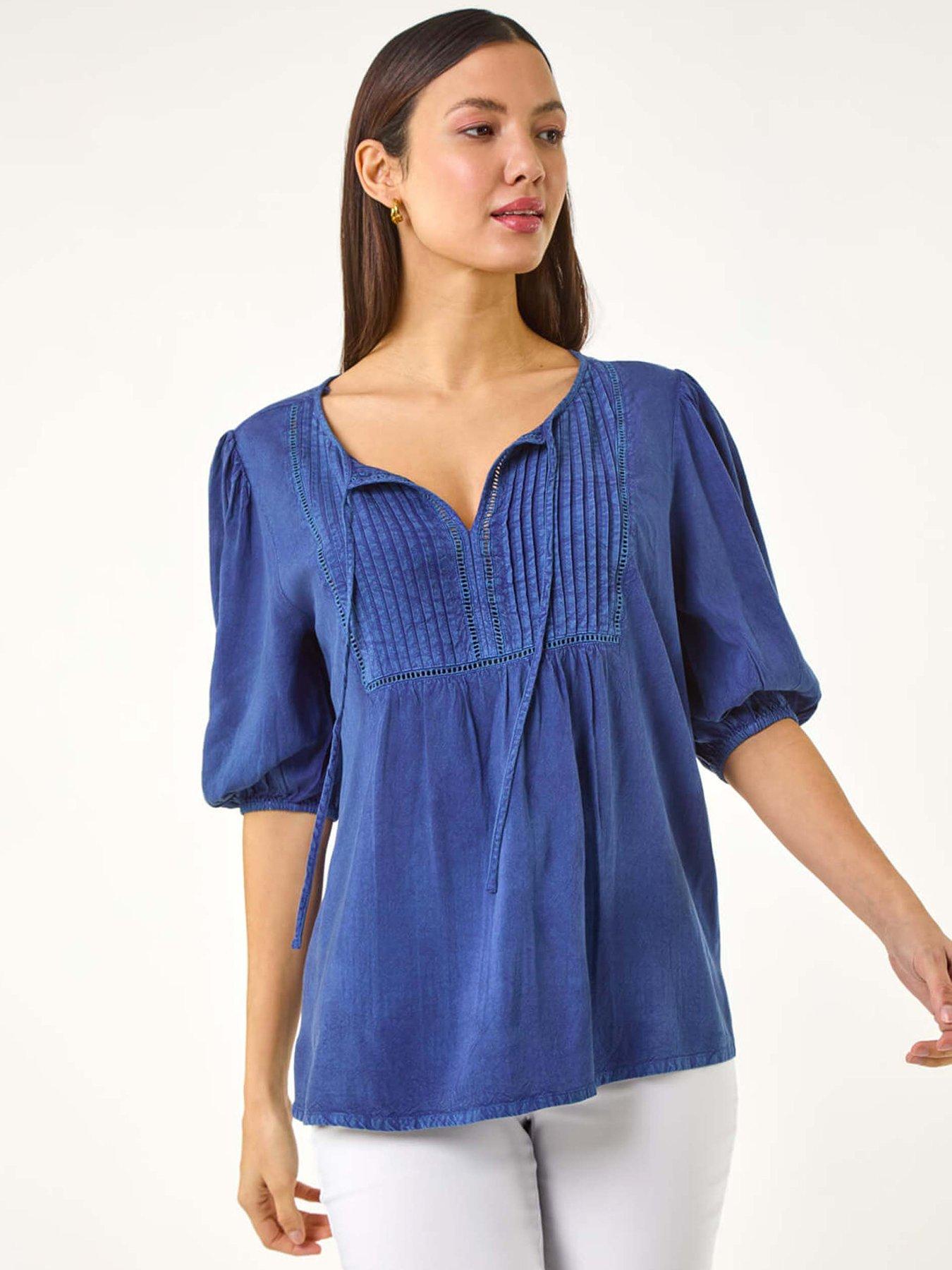 undefined Pleated Tie Neck Top - Blue