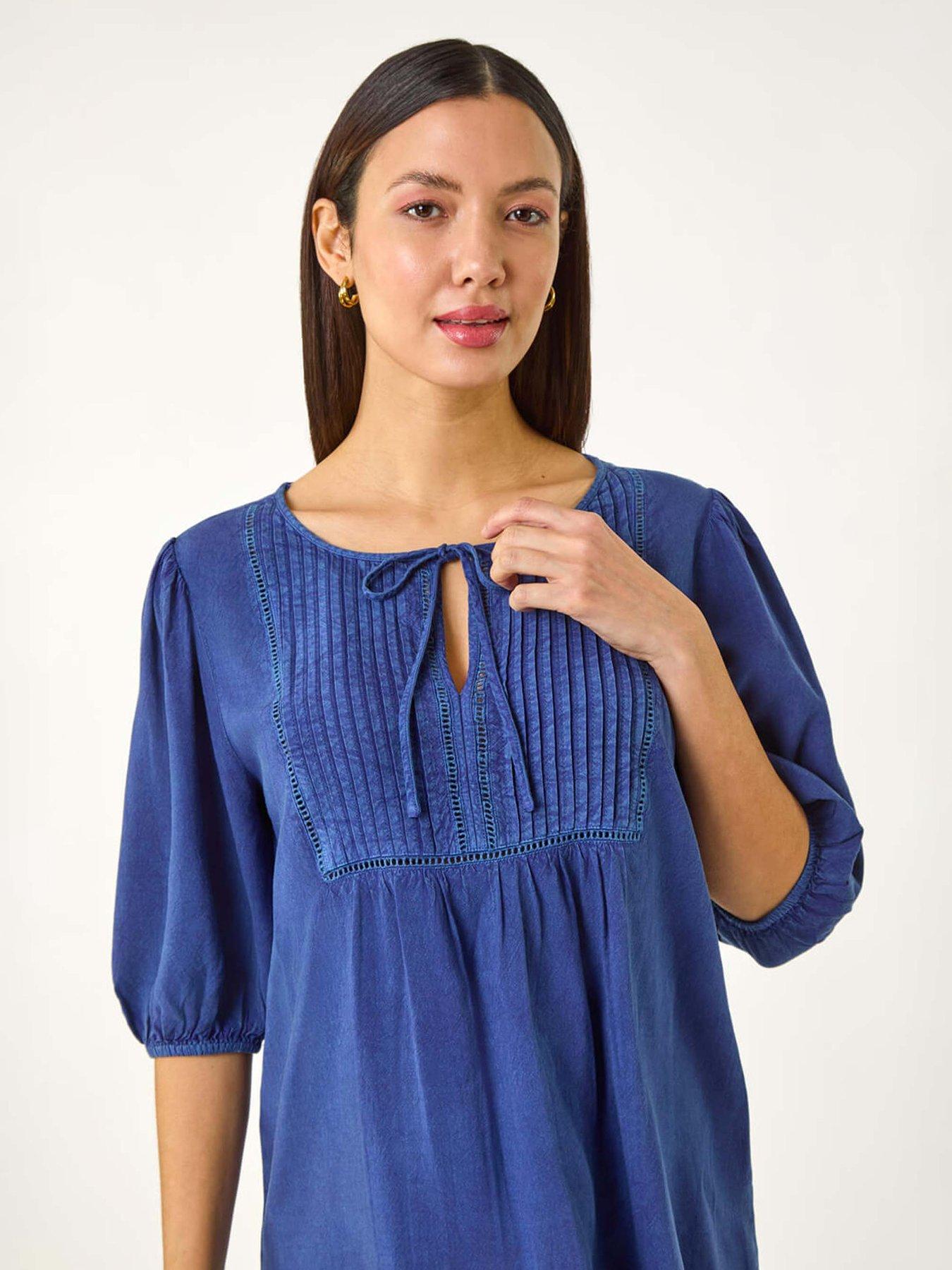  image of roman-pleated-tie-neck-top-blue