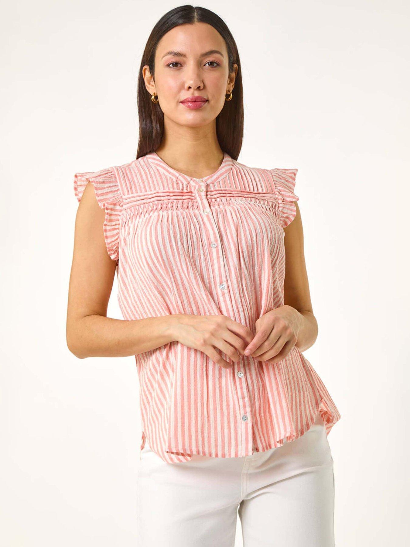 Image 1 of 5 of Roman Stripe Print Frill Blouse - Light Pink