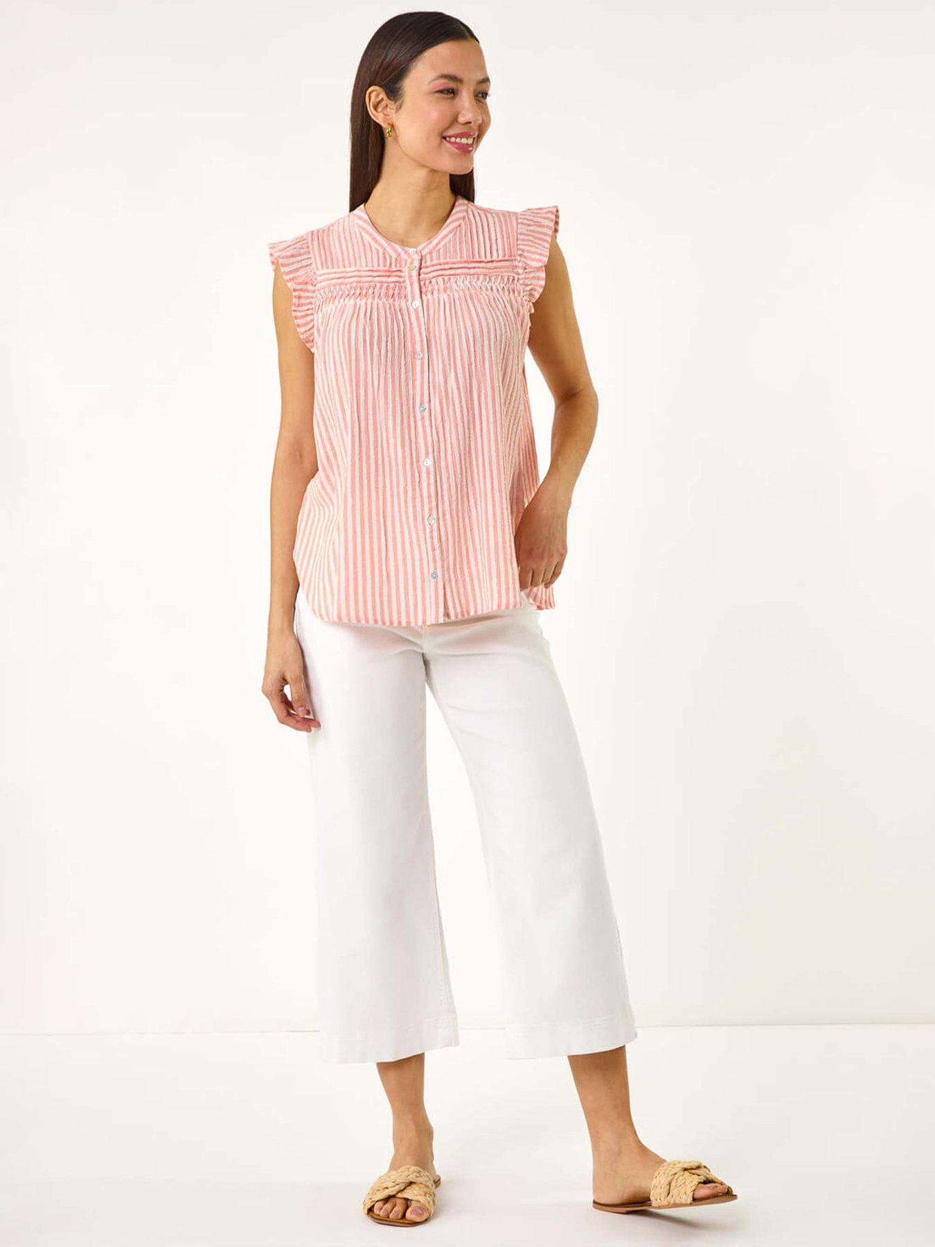 Image 3 of 5 of Roman Stripe Print Frill Blouse - Light Pink